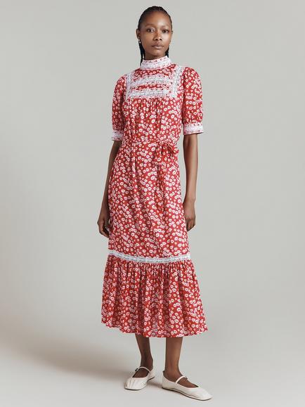 Ghost Josephine Prairie Midi Dress, Red - view 2, Red/White