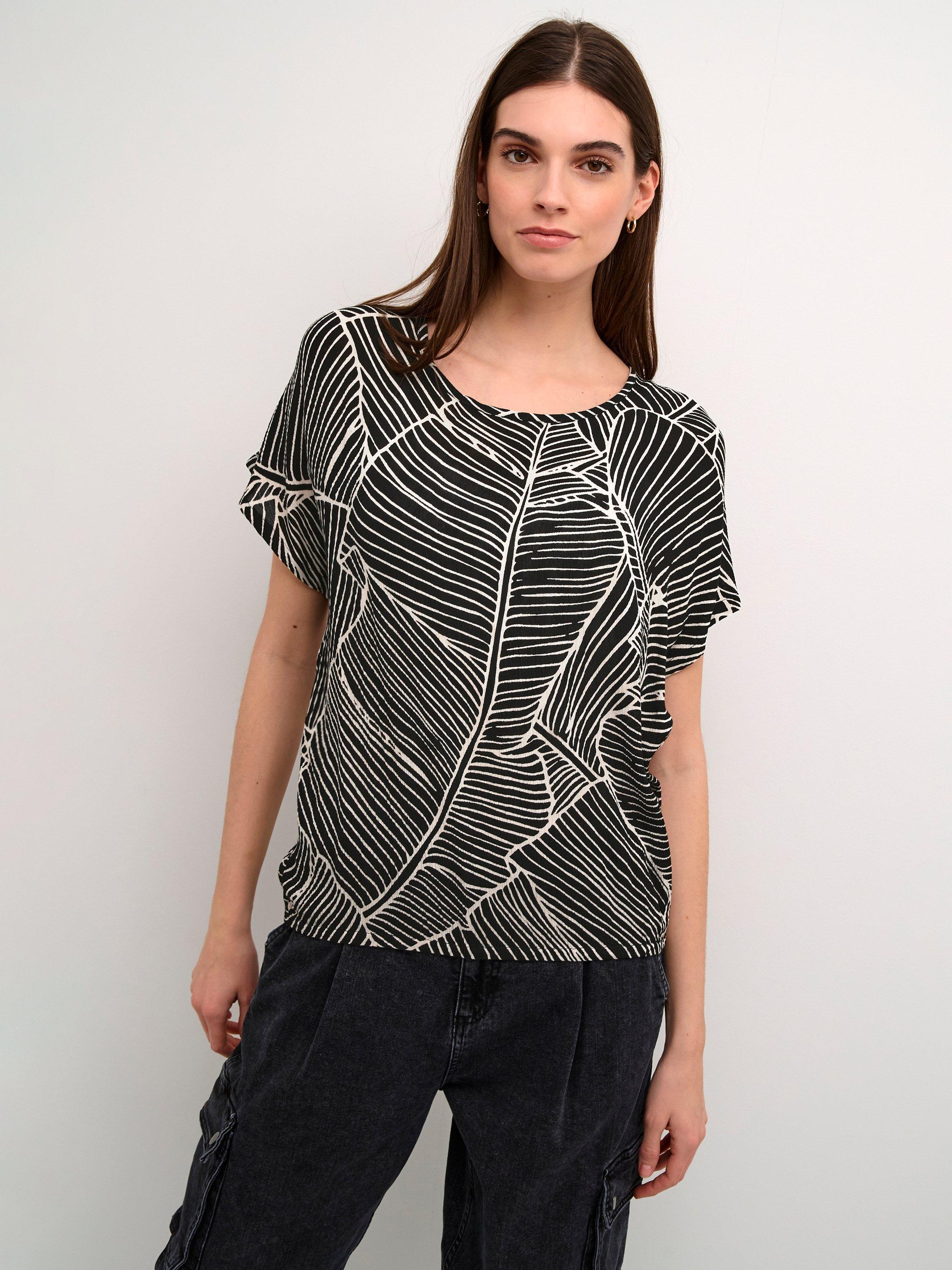 Product image 1 of 5, which shows KAFFE Amber Leaf Print Top, Black/Turtledove, 8