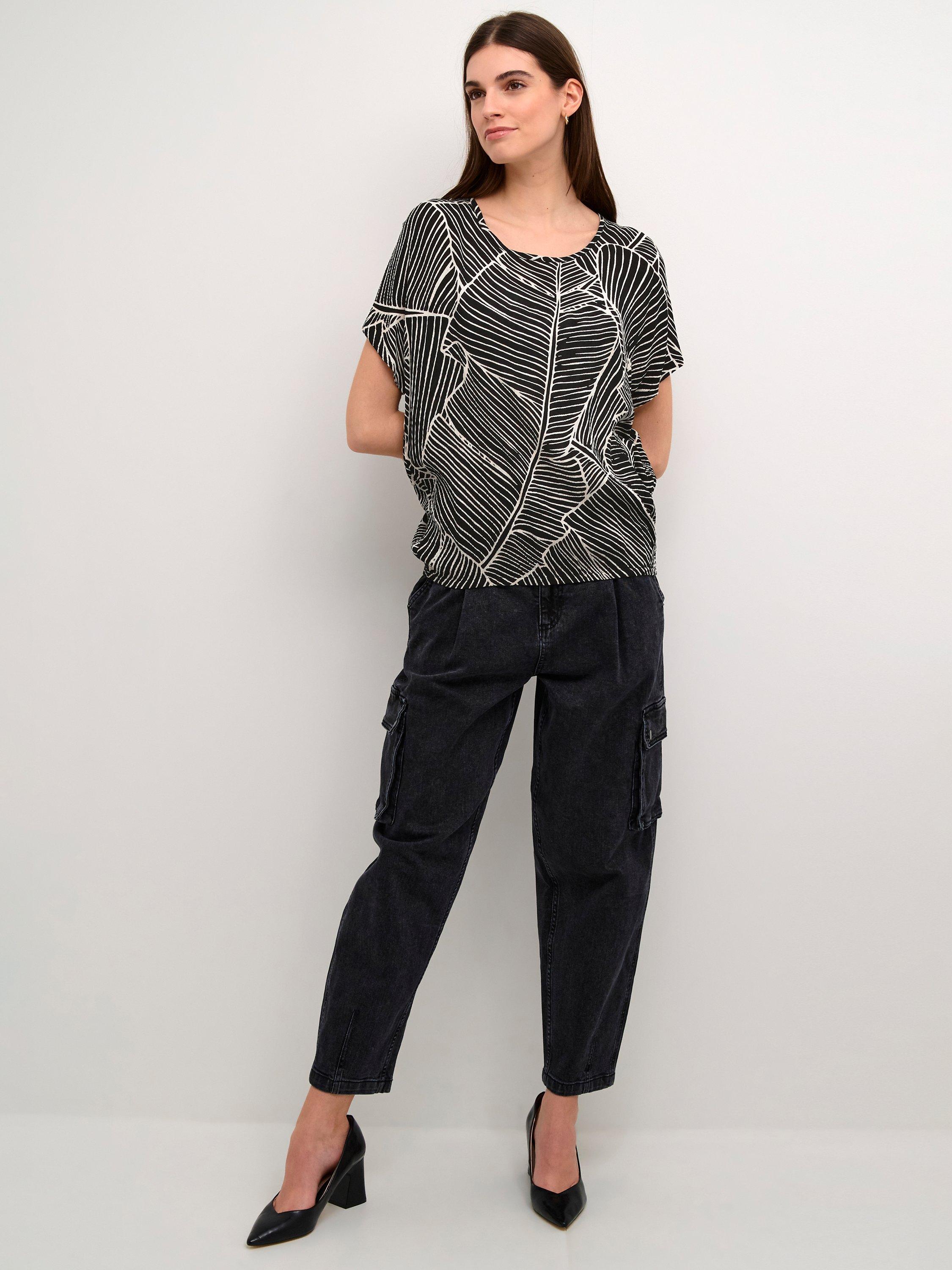 Product image 3 of 5, which shows KAFFE Amber Leaf Print Top, Black/Turtledove, 8