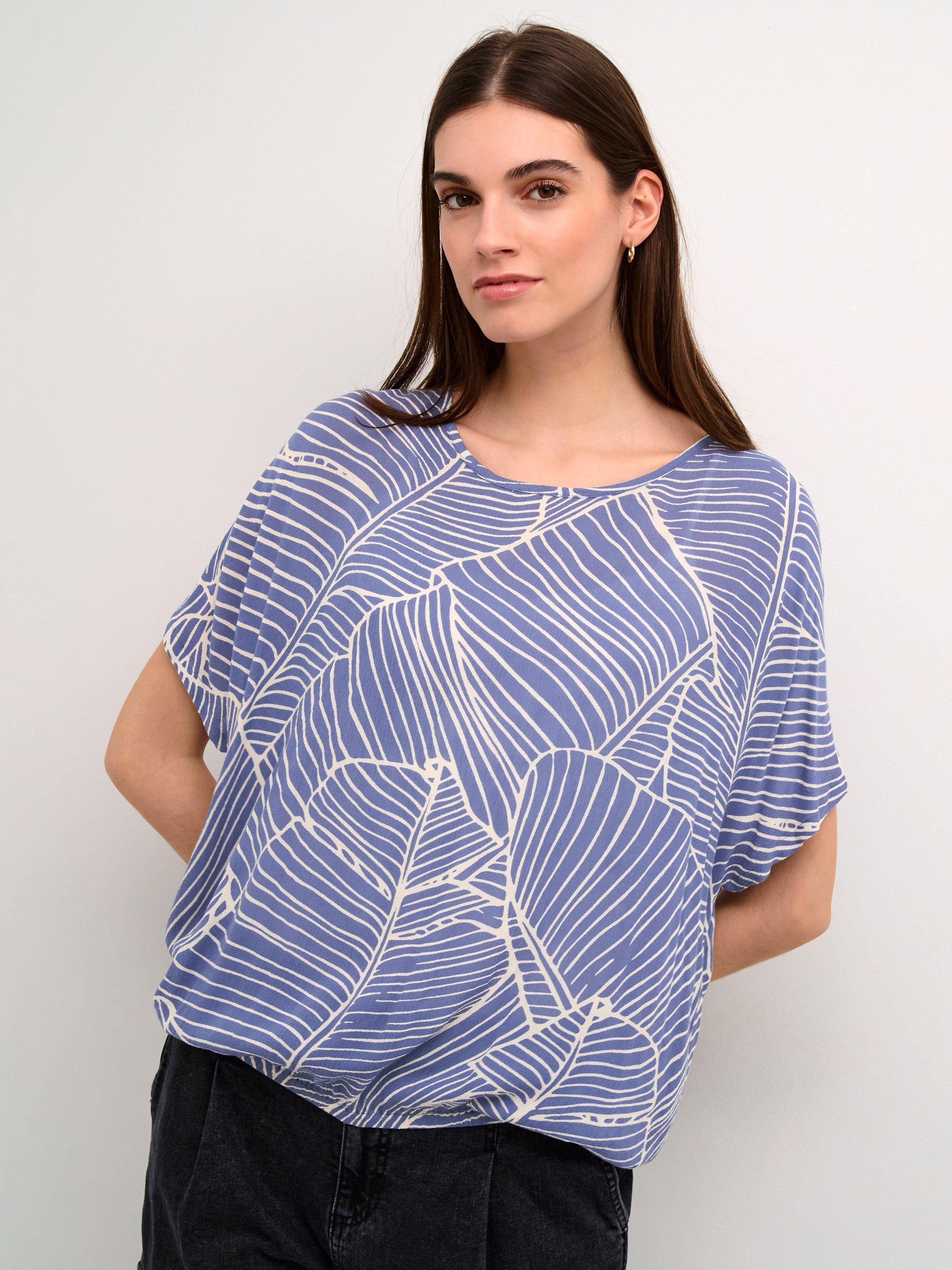 Product image 1 of 5, which shows KAFFE Amber Leaf Print Top, Indigo/Turtledove, 8