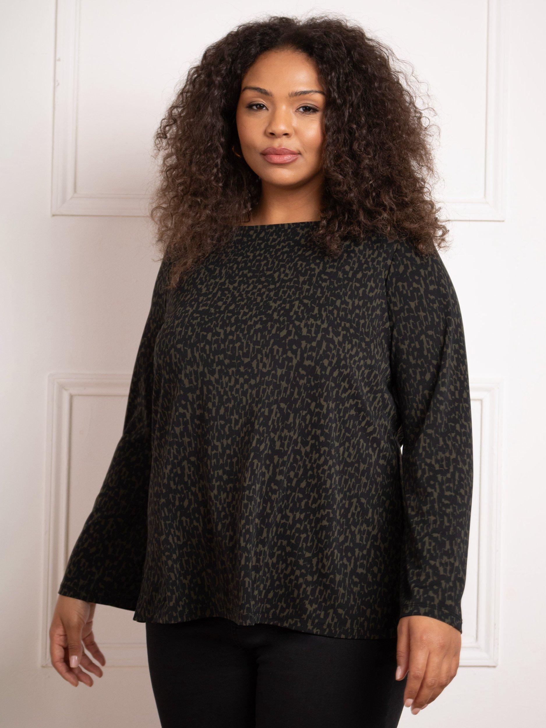Live Unlimited Curve Dash Print Flared Sleeve Top, Khaki