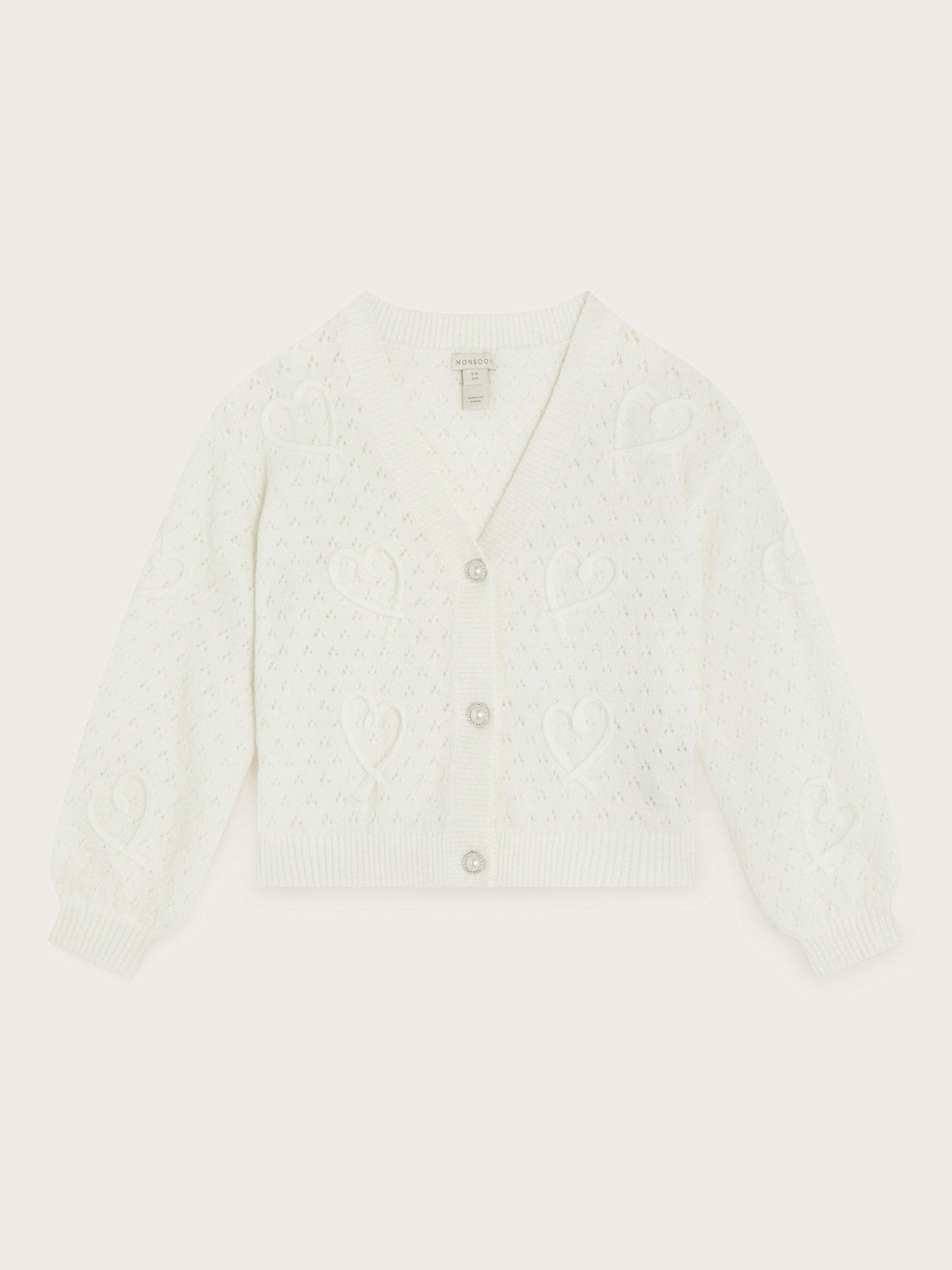 Monsoon Kids' Heart Pointelle Cardigan, Ivory
