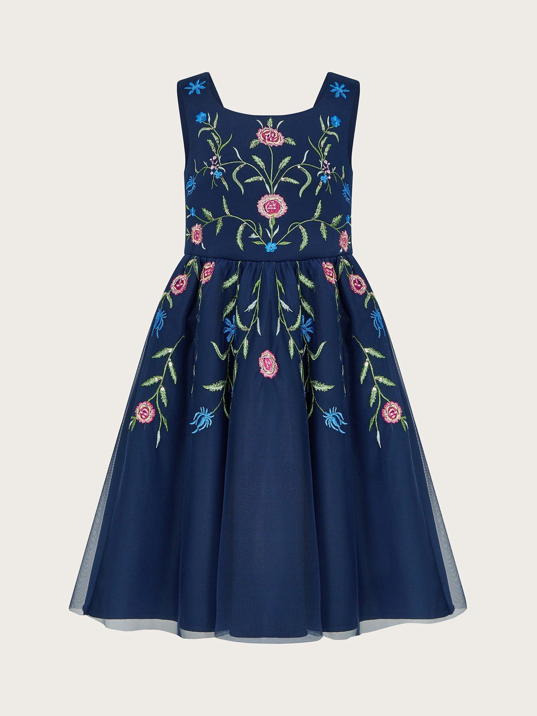 Monsoon Kids' Botanical Embroidered Midi Dress, Navy