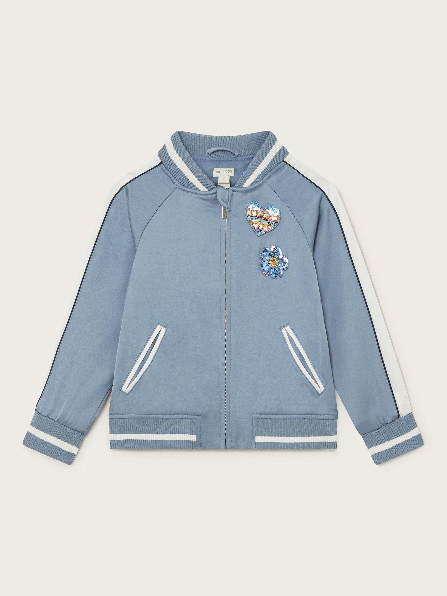 Product image 1 of 3, which shows Monsoon Kids' Satin Badge Bomber Jacket, Blue/White, 5-6 years