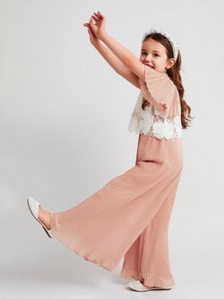 Monsoon Kids' Otissa Lace Bodice Pleated Jumpsuit, Pink - view 2, Pink