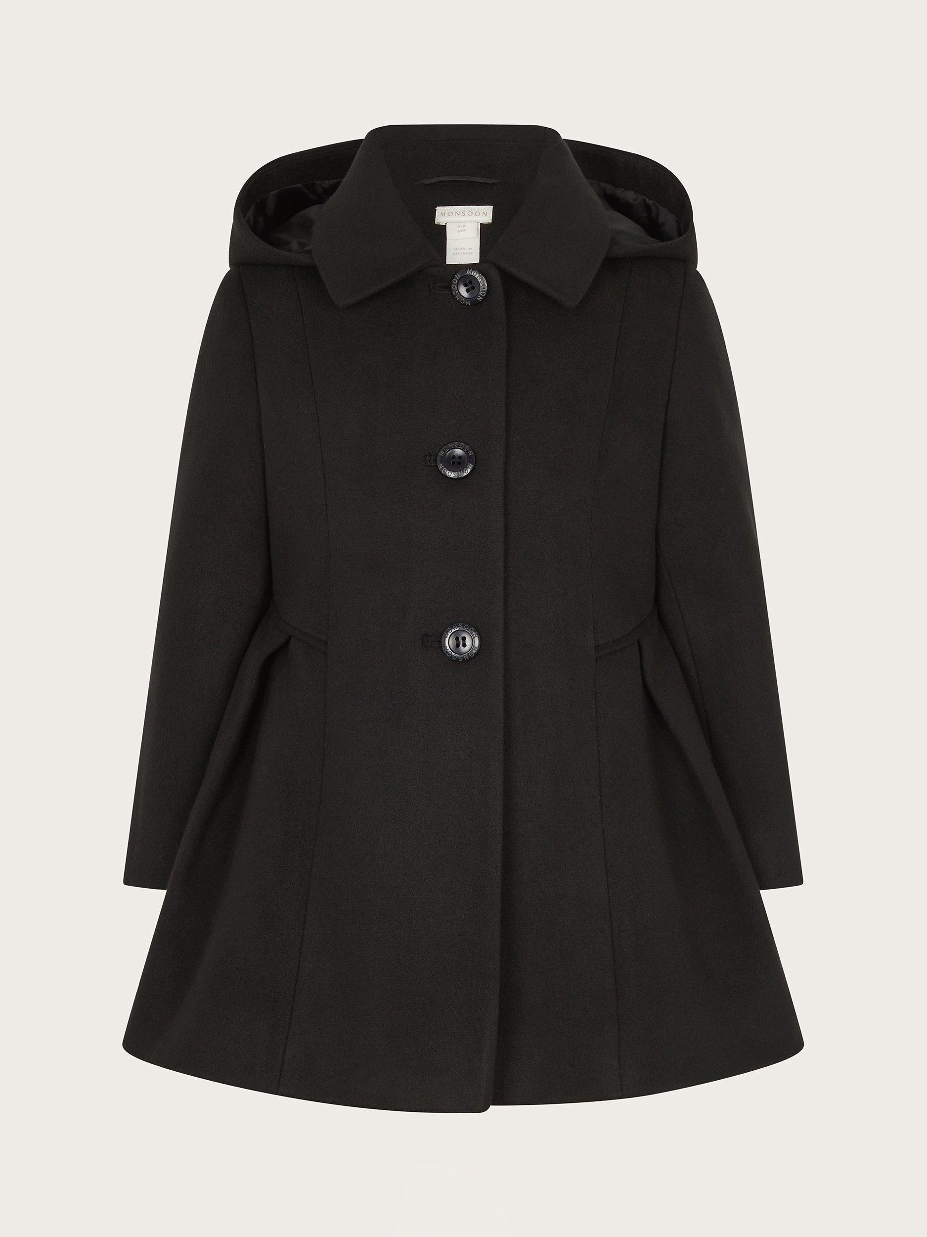 Product image 1 of 3, which shows Monsoon Kids' Classic Hooded Coat, Black, 5-6 years