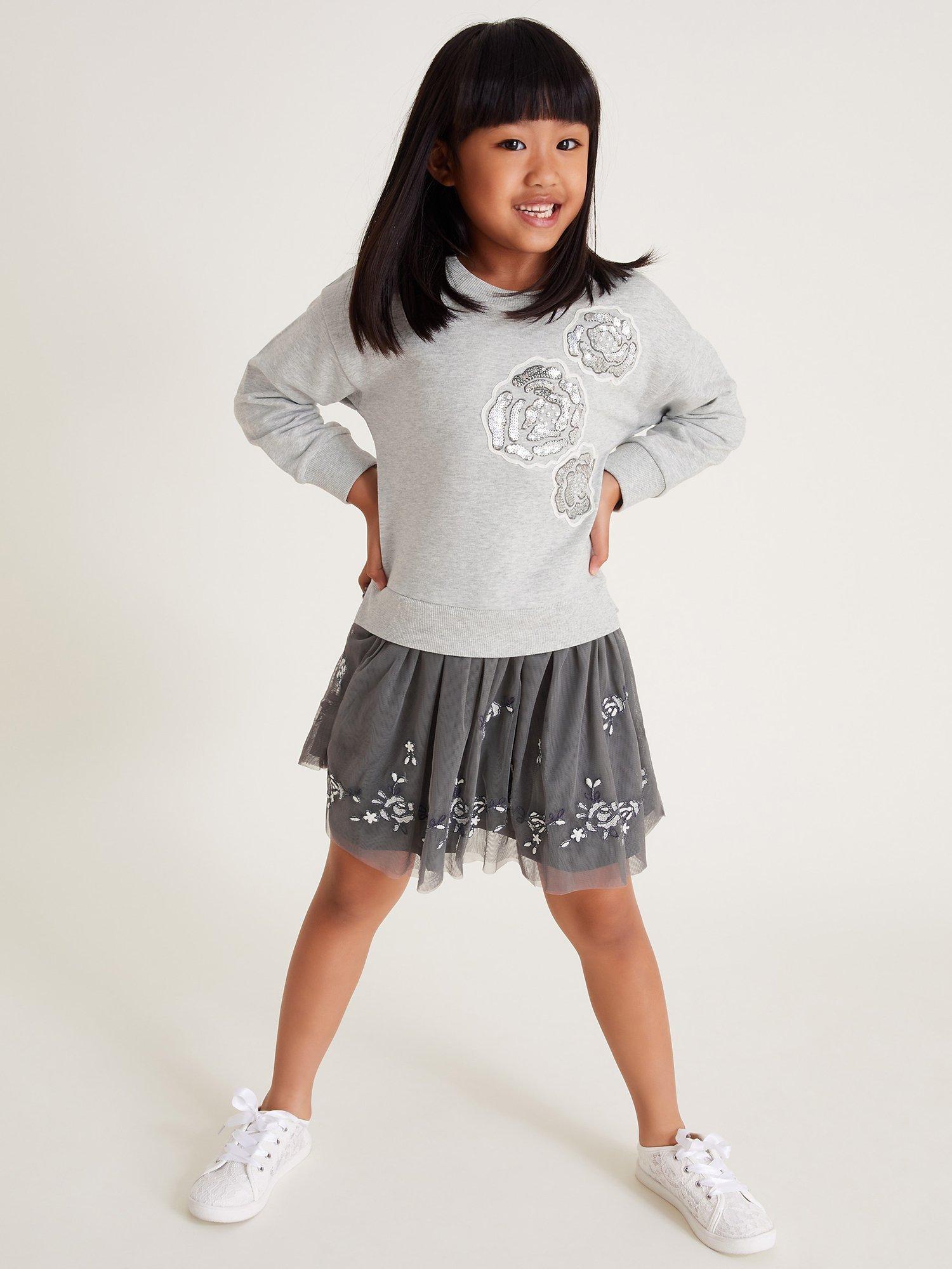 Monsoon Kids' Rose Sweatshirt & Skirt, Grey