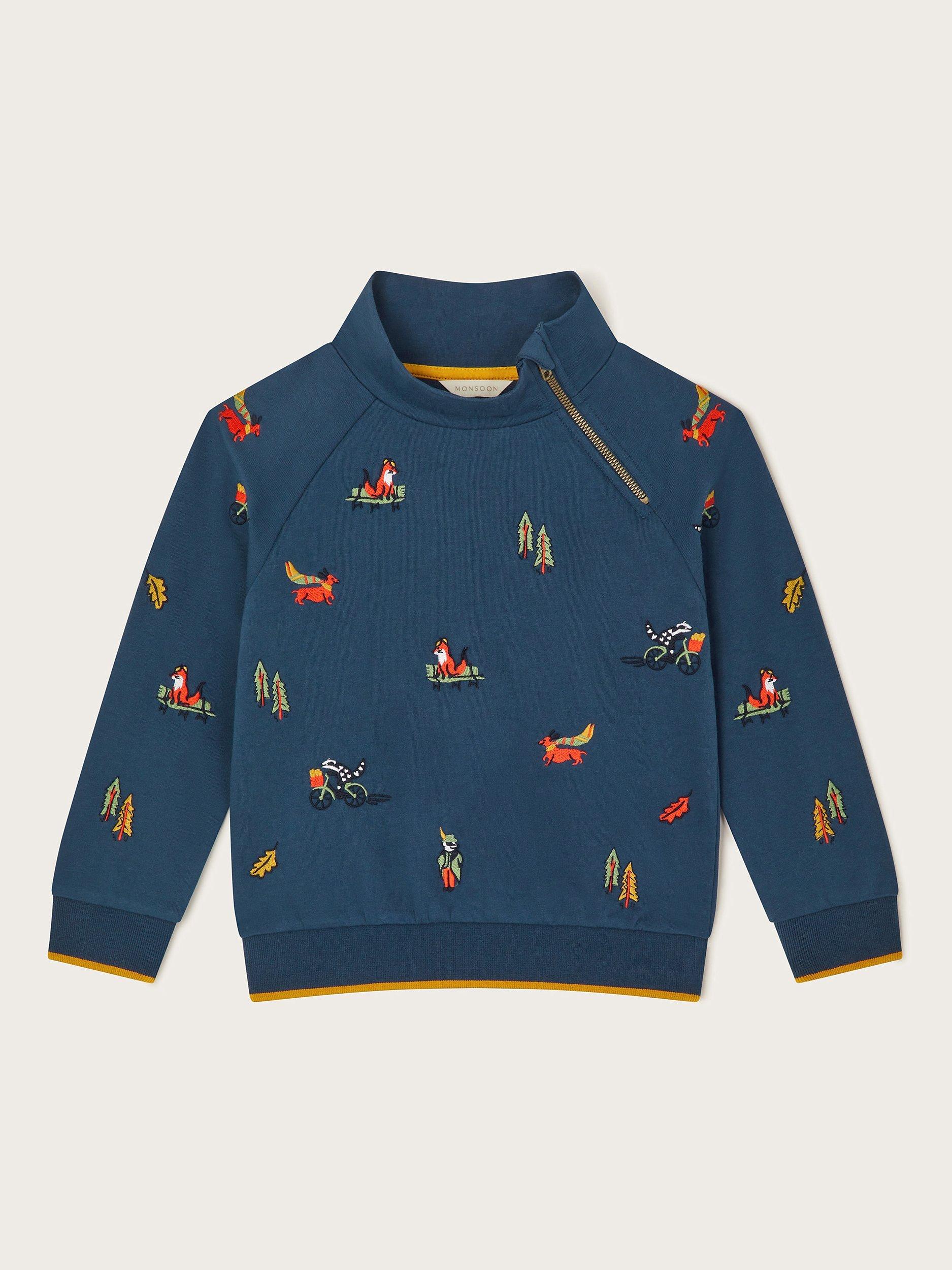 Monsoon Kids' Cotton Zip Neck Sweatshirt, Navy