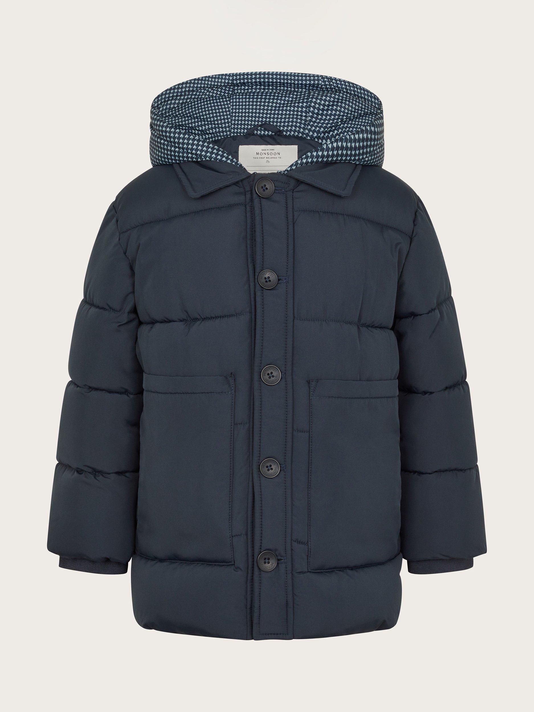 Monsoon Kids Padded Houndstooth Hooded Jacket Navy