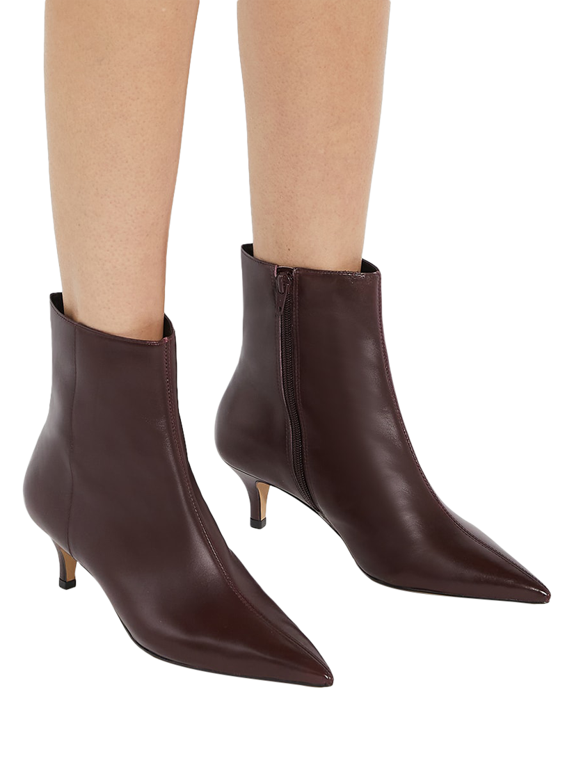Product image 6 of 6, which shows Dune London Offer Leather Heeled Pointed Ankle Boots, Dark Red, 6