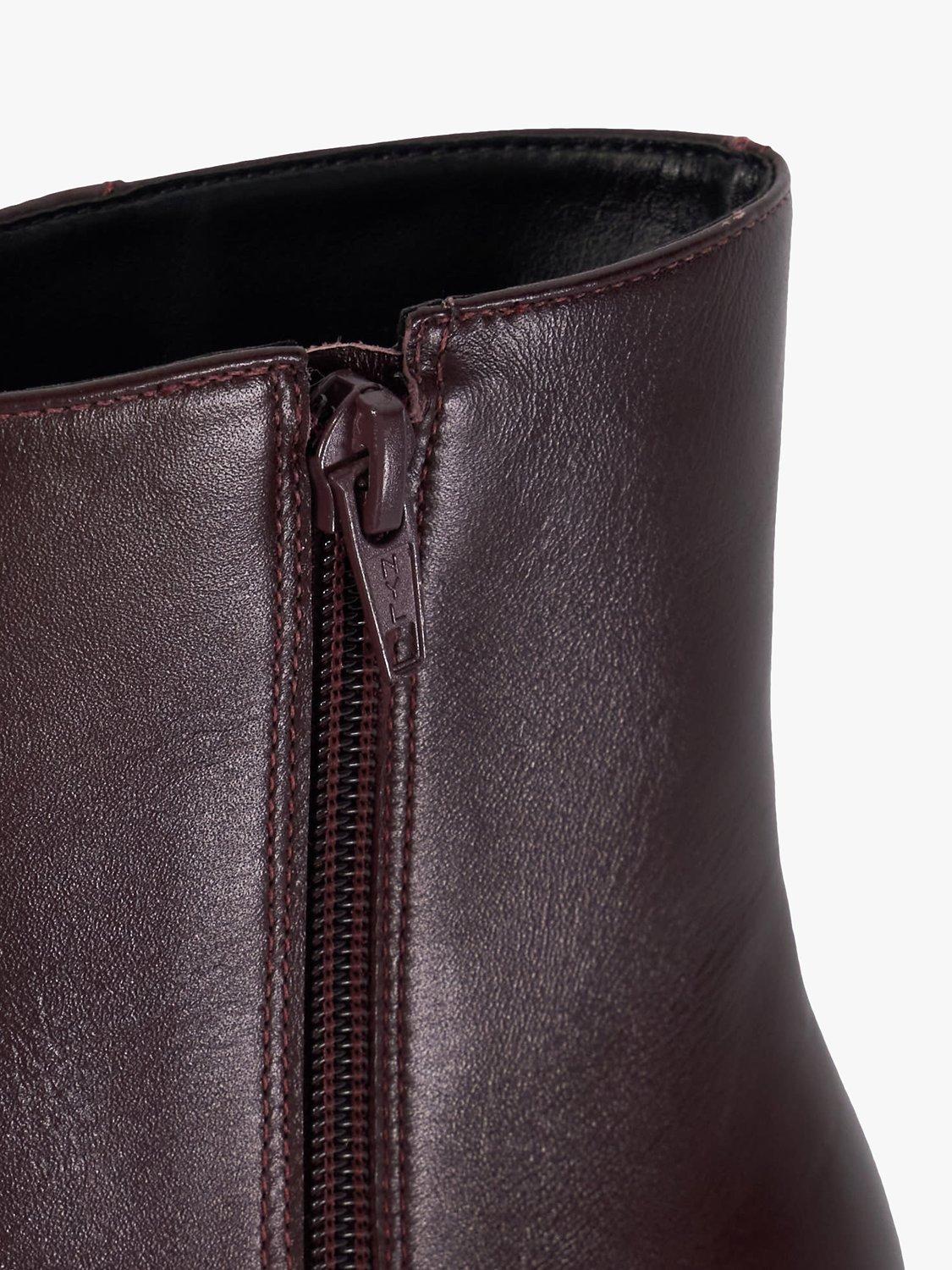 Product image 5 of 6, which shows Dune London Offer Leather Heeled Pointed Ankle Boots, Dark Red, 6