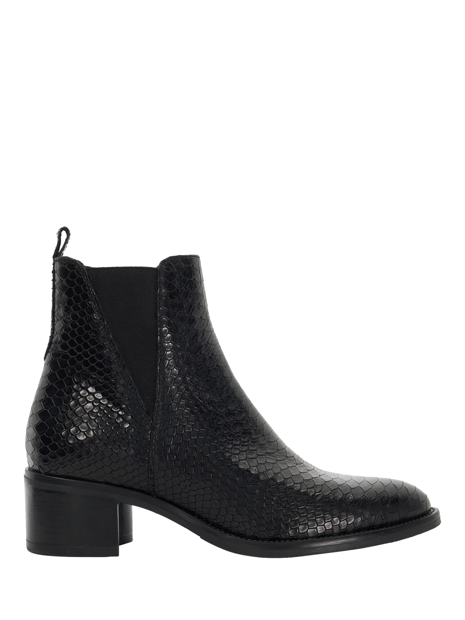 Product image 1 of 6, which shows Dune Pouring Leather Block Heel Ankle Boots, Black, 3
