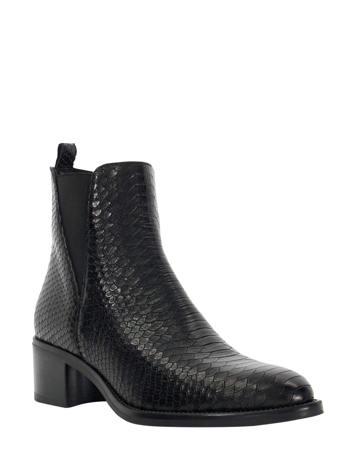 Product image 3 of 6, which shows Dune Pouring Leather Block Heel Ankle Boots, Black, 3