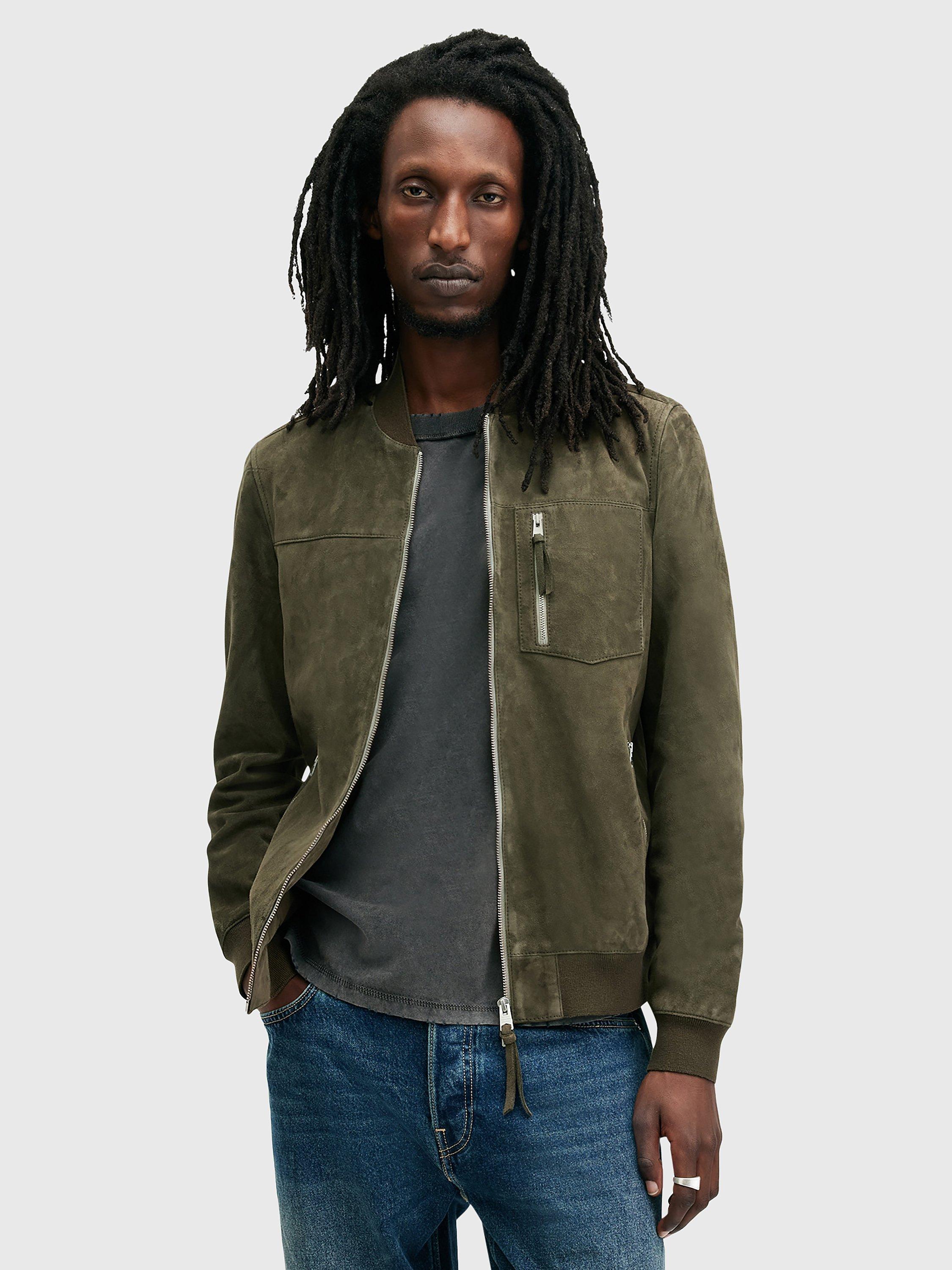 AllSaints Kairo Suede Bomber Jacket Mid Green