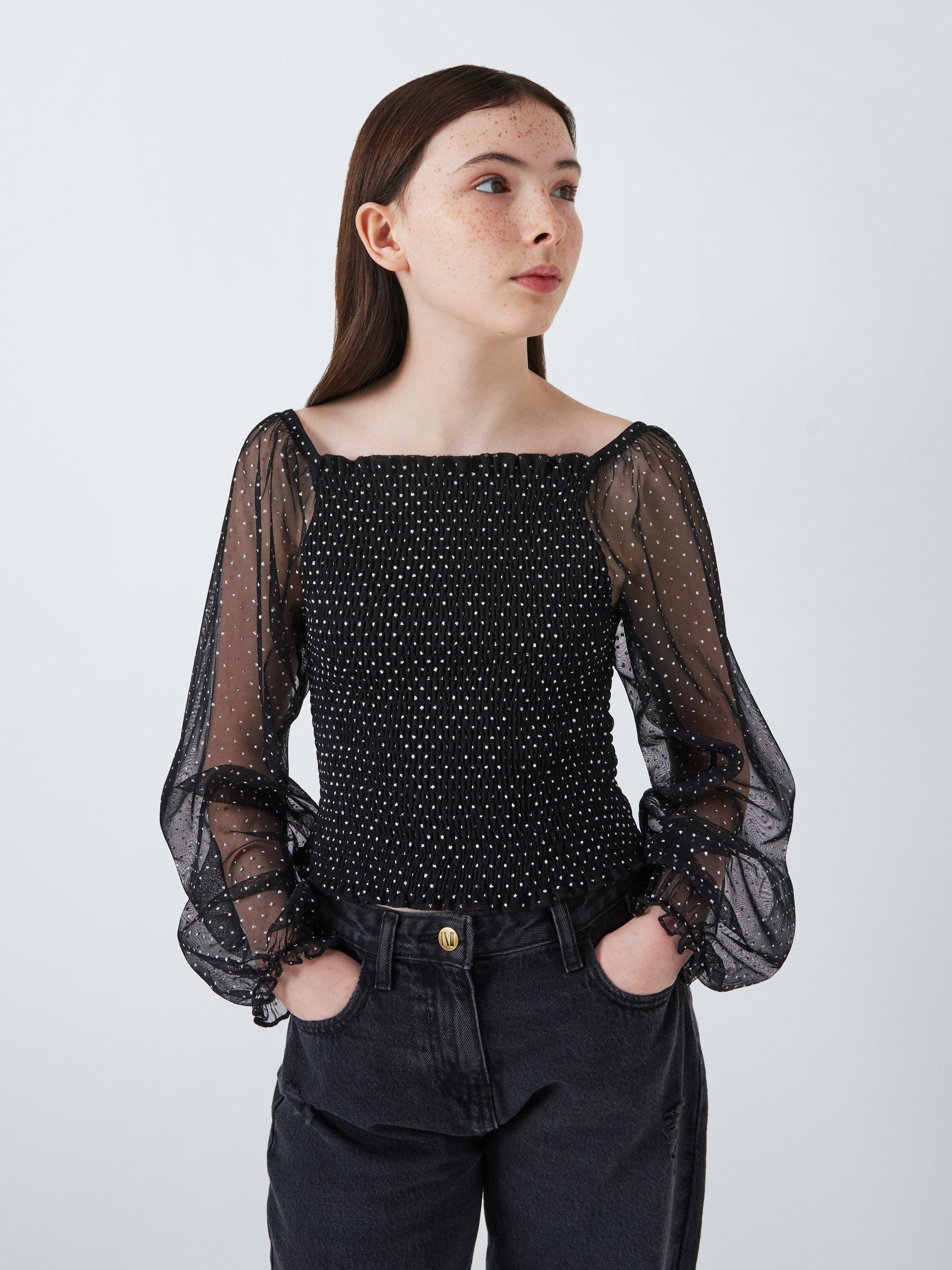 John Lewis Kids' Glitter Sheer Sleeve Top, Black