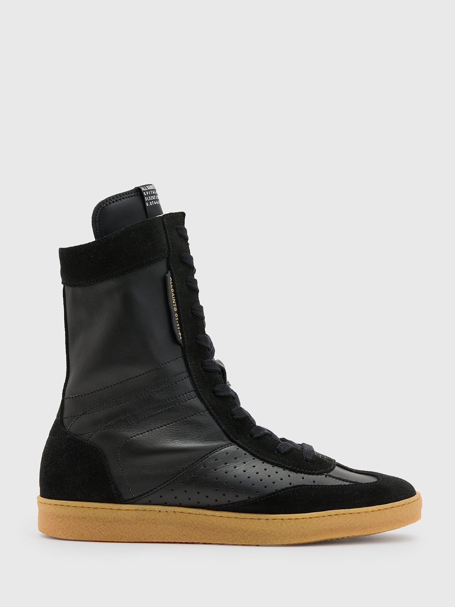 Product image 1 of 6, which shows AllSaints Louise Leather High Top Trainers, Black, EU35