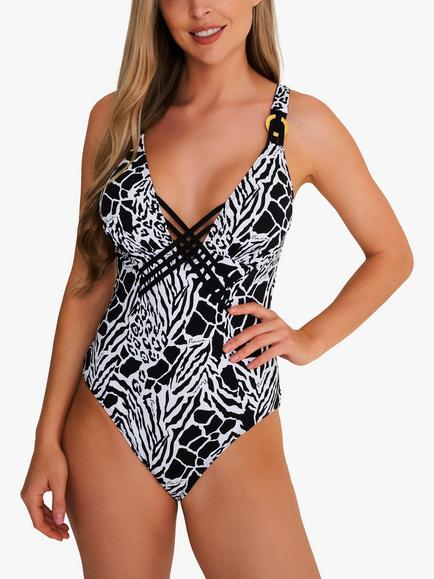 NAIA Beach Raquel Interlaced Front Abstract Print Swimsuit, Black/White, Black/White