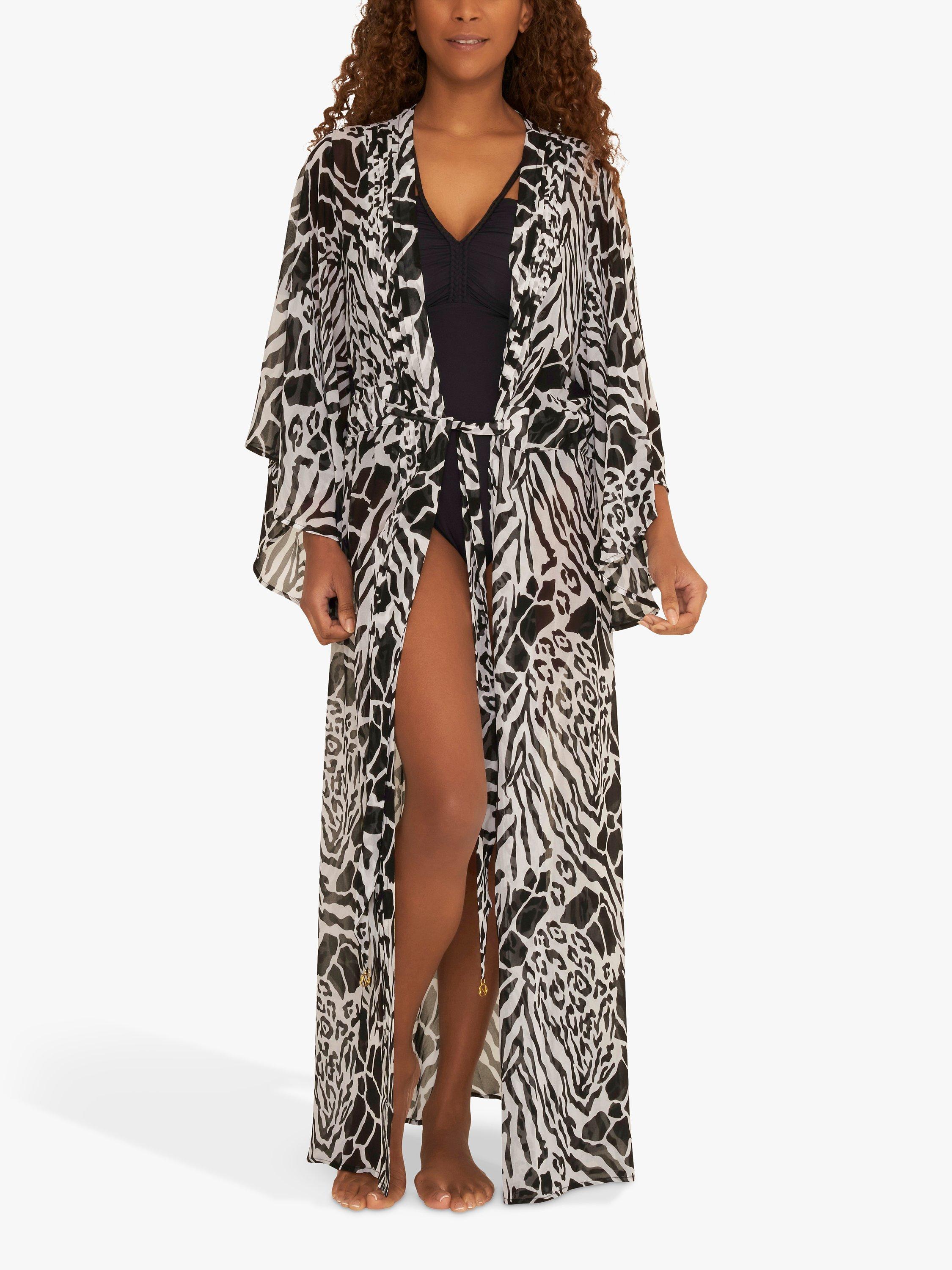 NAIA Beach Tanzania Animal Print Maxi Beach Kimono Black White