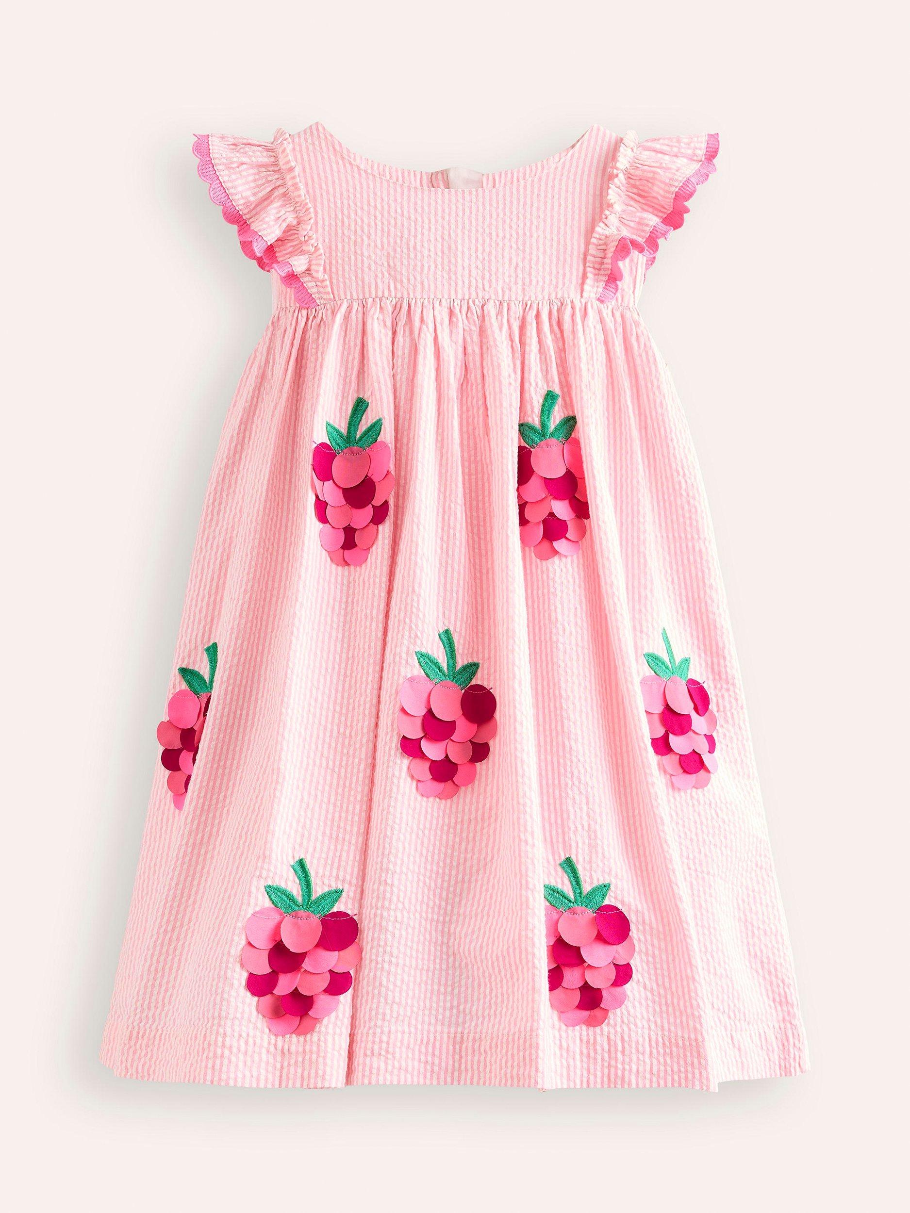 Mini Boden Kids Raspberry Applique Flutter Sleeve Cotton Dress Pink Ivory