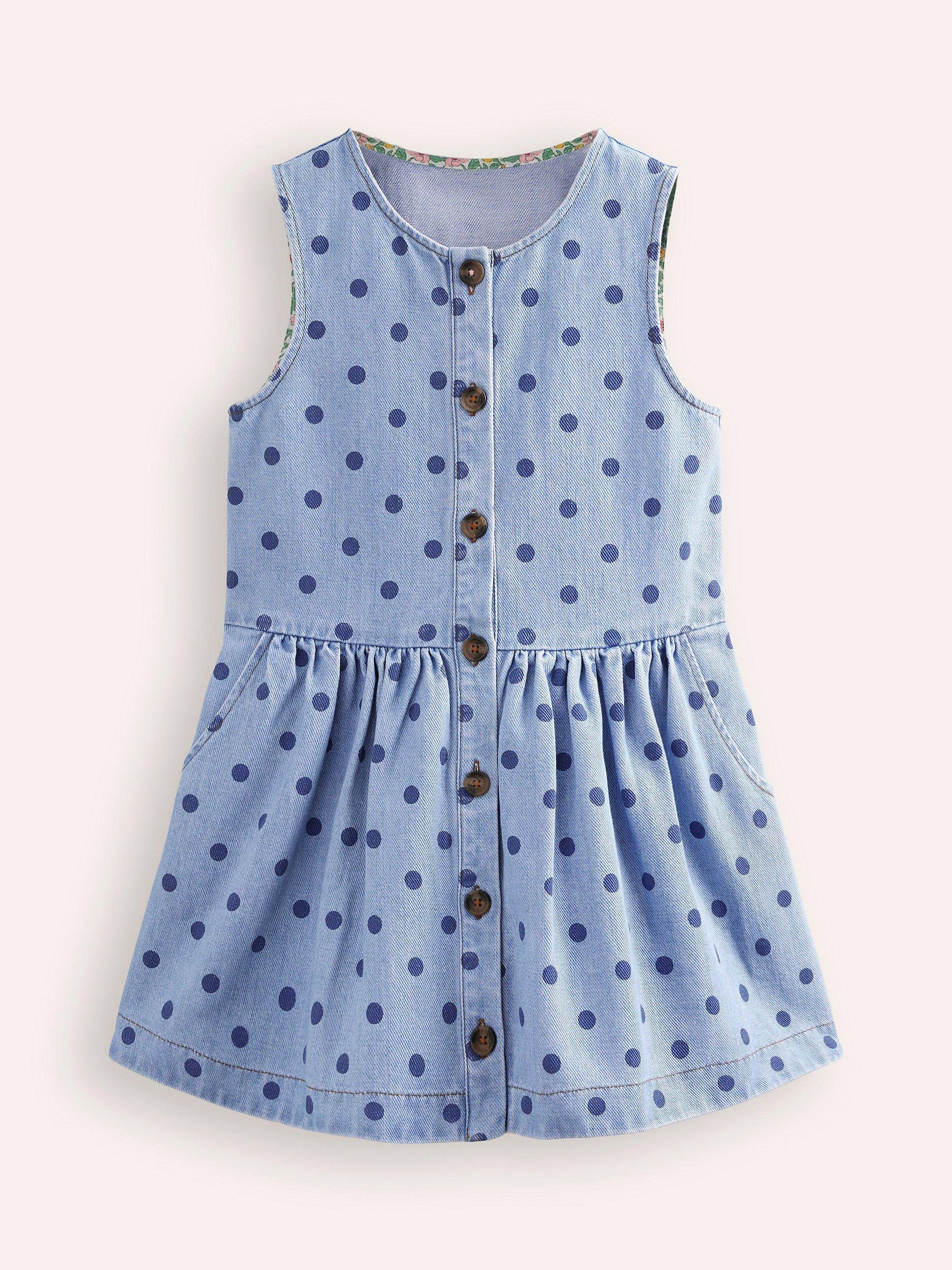 Mini Boden Kids Button Through Sleeveless Spot Print Pinafore Dress Vintage Denim