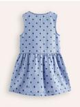 Mini Boden Kids' Button Through Sleeveless Spot Print Pinafore Dress, Vintage Denim