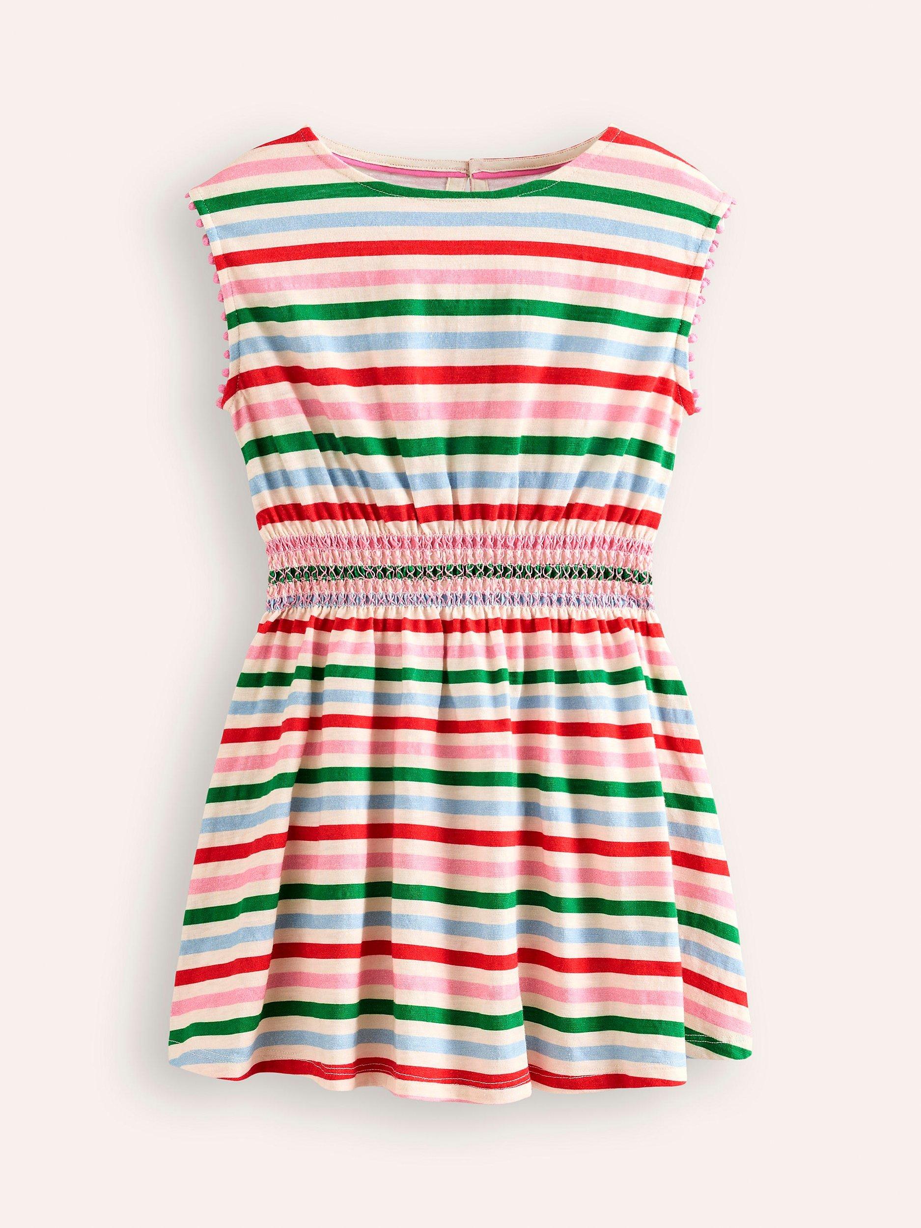 Mini Boden Kids" Cotton Stripe Short Sleeve Dress, Multi