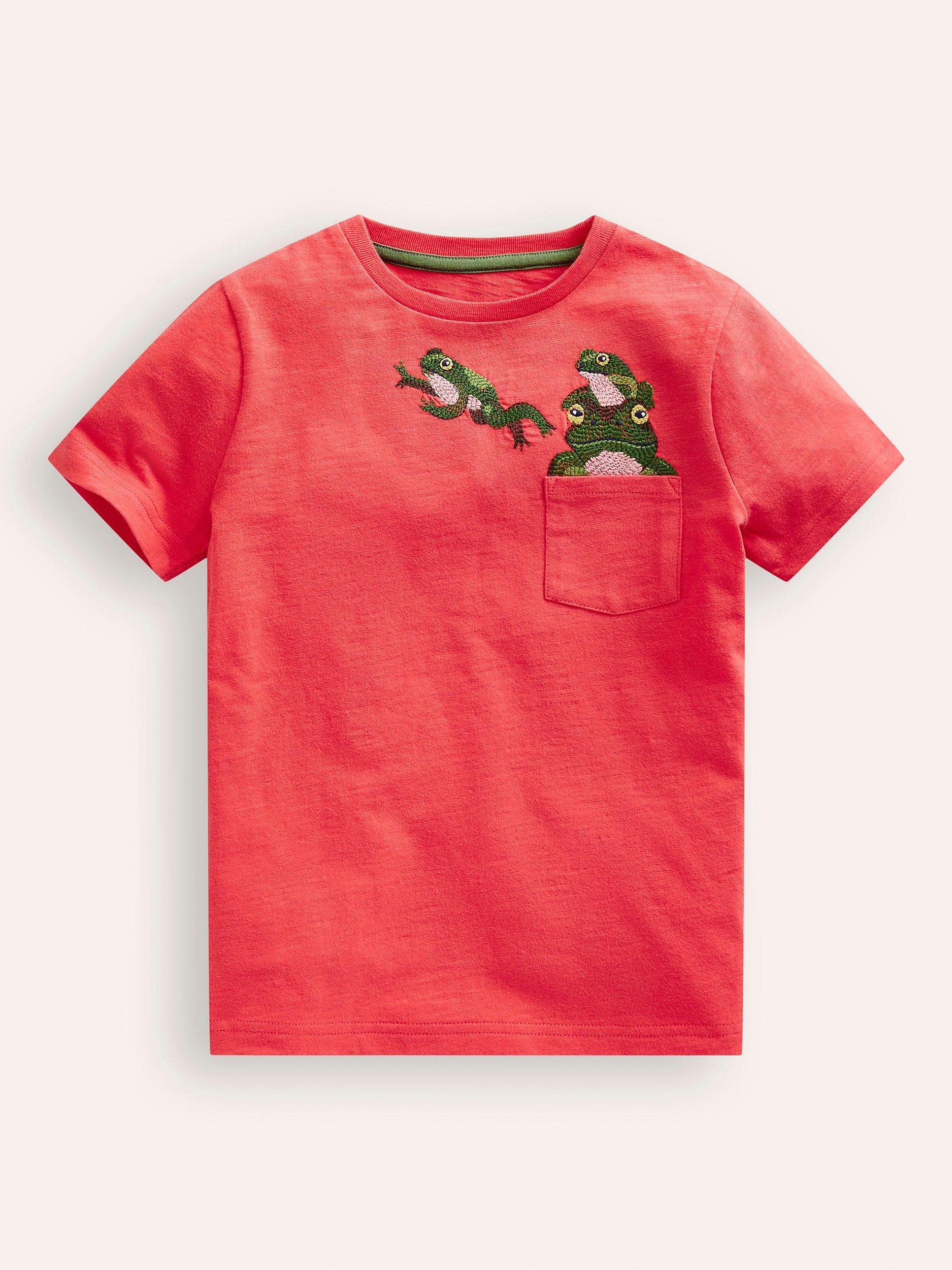 Mini Boden Kids' Cotton Embroidered T-Shirt, Jam Red Frogs