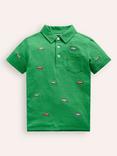 Mini Boden Kids' Cotton Embroidered Polo Shirt, Shamrock Green Jeep