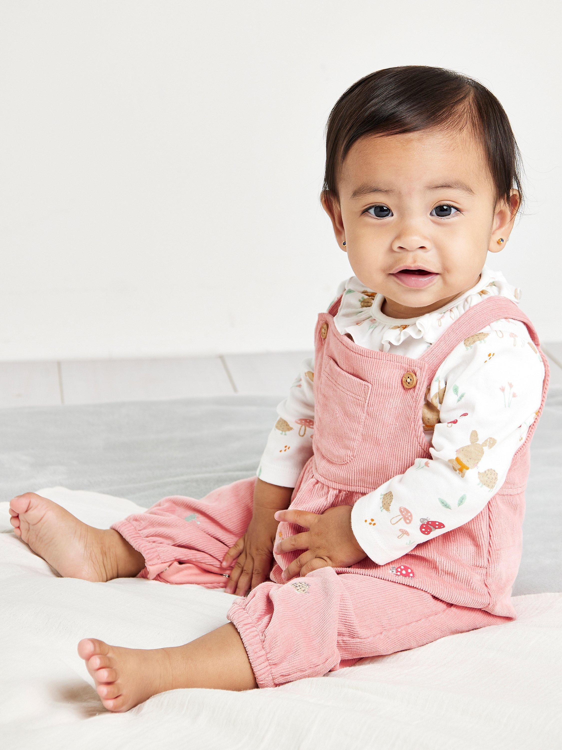 Mini Cuddles Baby Cotton Corduroy Dungarees & Bodysuit Set, Pink