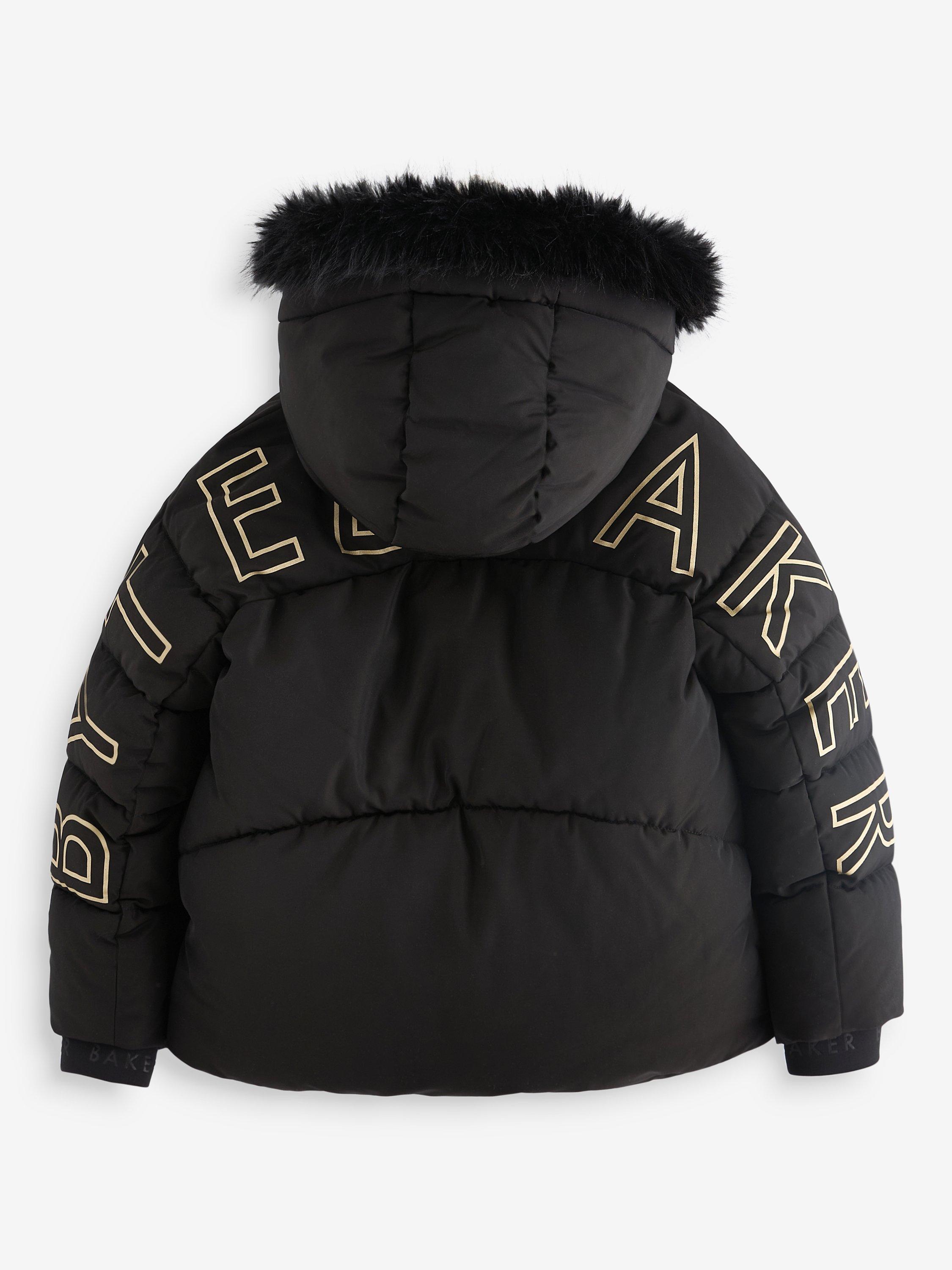 Ted Baker Kids Faux Fur Hood Logo Coat Black