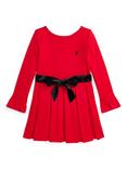 Ralph Lauren Kids' Velvet Bow Pleated Day Dress, Red/Tonal