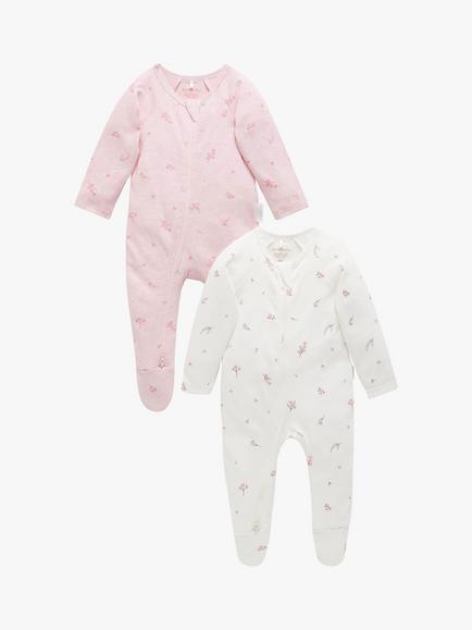 Purebaby Baby Organic Cotton Sleepsuits, Pack of 2, Pale Pink Blossom, Pale Pink Blossom