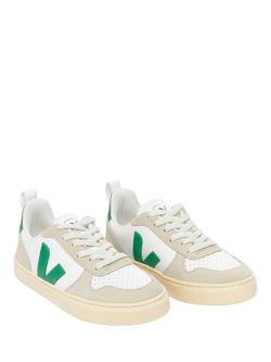 VEJA Kids' V-10 Lace Up Trainers, White/Emeraude - view 2, White/Emeraude