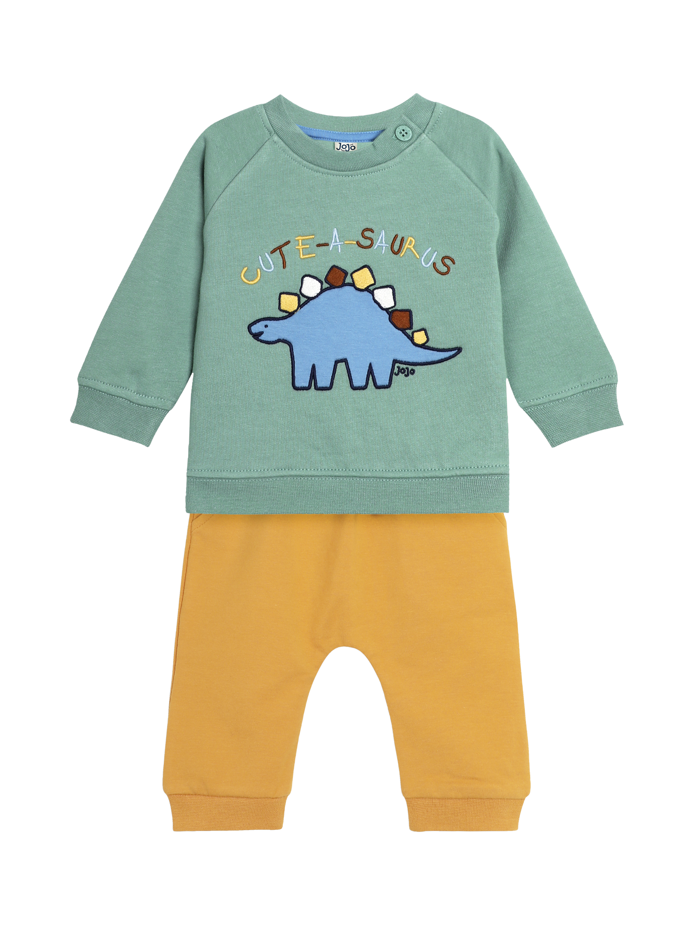 JoJo Maman Bébé Baby Dinosaur Sweatshirt & Cosy Trouser Set, Green/Multi
