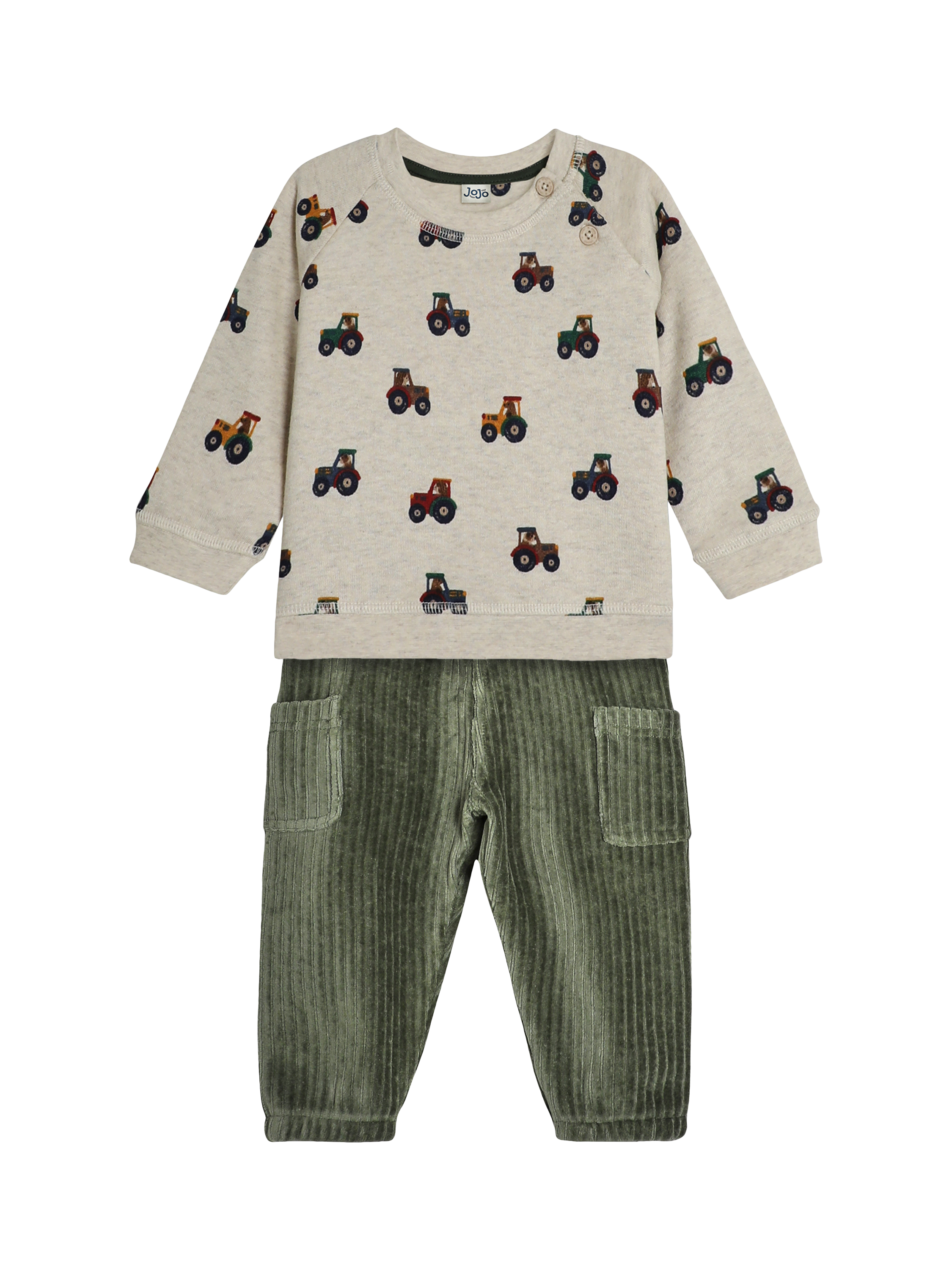 JoJo Maman Bébé Baby Tractor Sweatshirt & Cargo Trouser Set, Beige/Multi