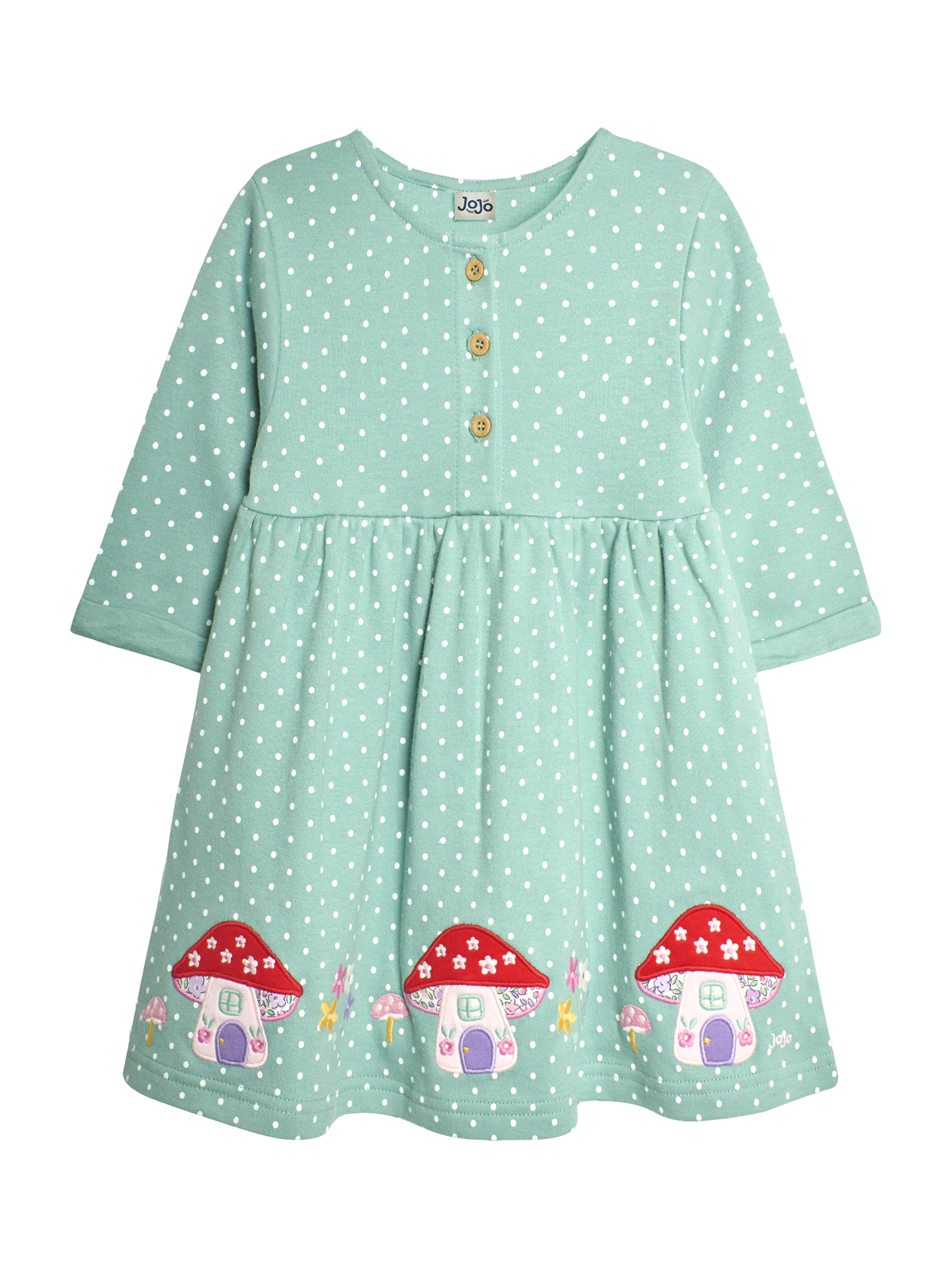 JoJo Maman Bébé Baby Toadstool Appliqué Button Front Cotton Dress, Green