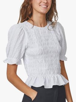 Sisters Point Nix Polka Dot Smocked Blouse, White/Blue