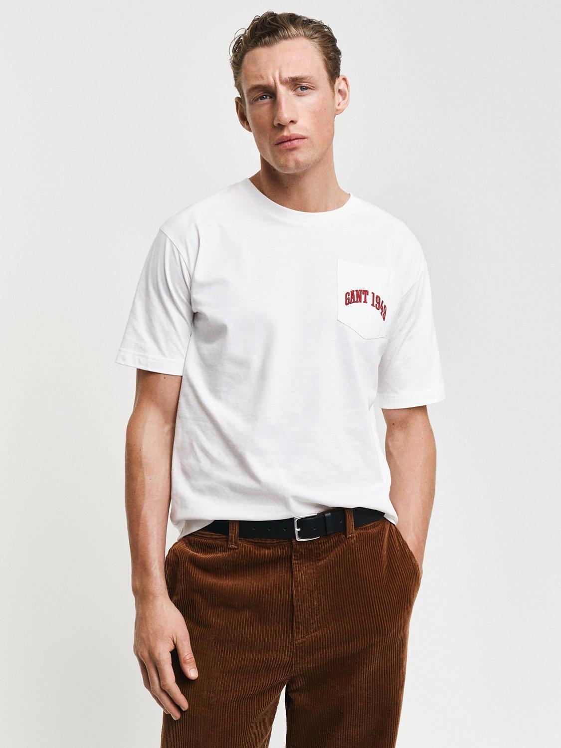 Product image 1 of 8, which shows GANT Short Sleeve Pocket Graphic Logo Cotton Blend T-Shirt, Eggshell, S