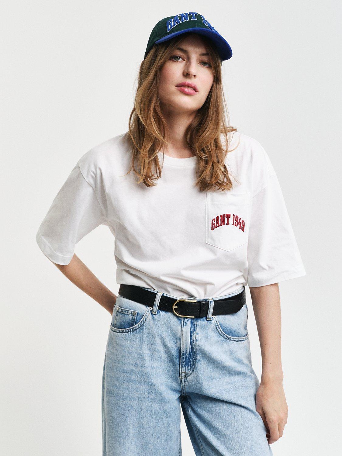 Product image 5 of 8, which shows GANT Short Sleeve Pocket Graphic Logo Cotton Blend T-Shirt, Eggshell, S
