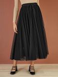 Yumi Mesh Heart Print Tulle Midi Skirt, Black