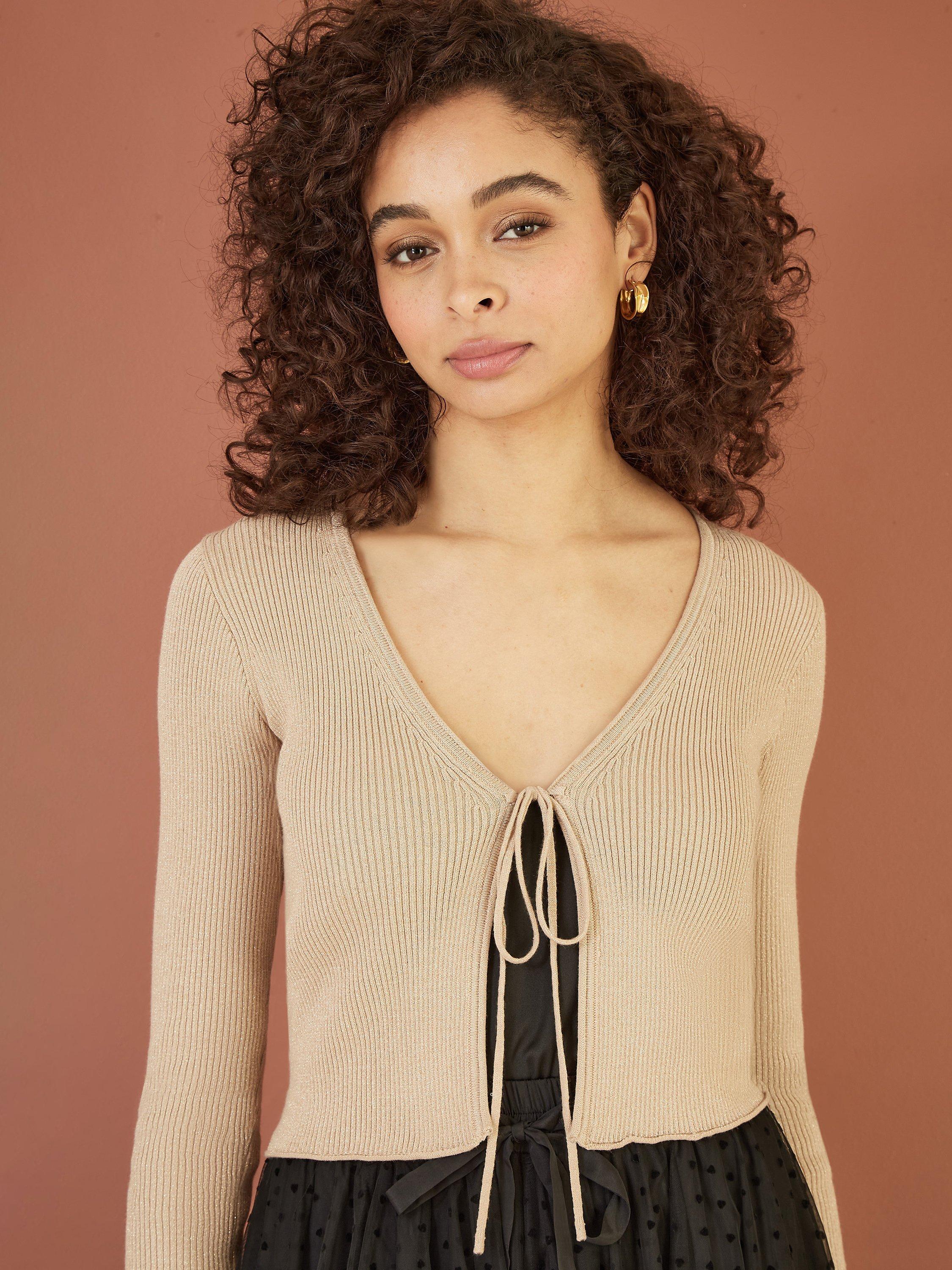 Product image 1 of 4, which shows Yumi Metallic Knit Bolero, Gold, S