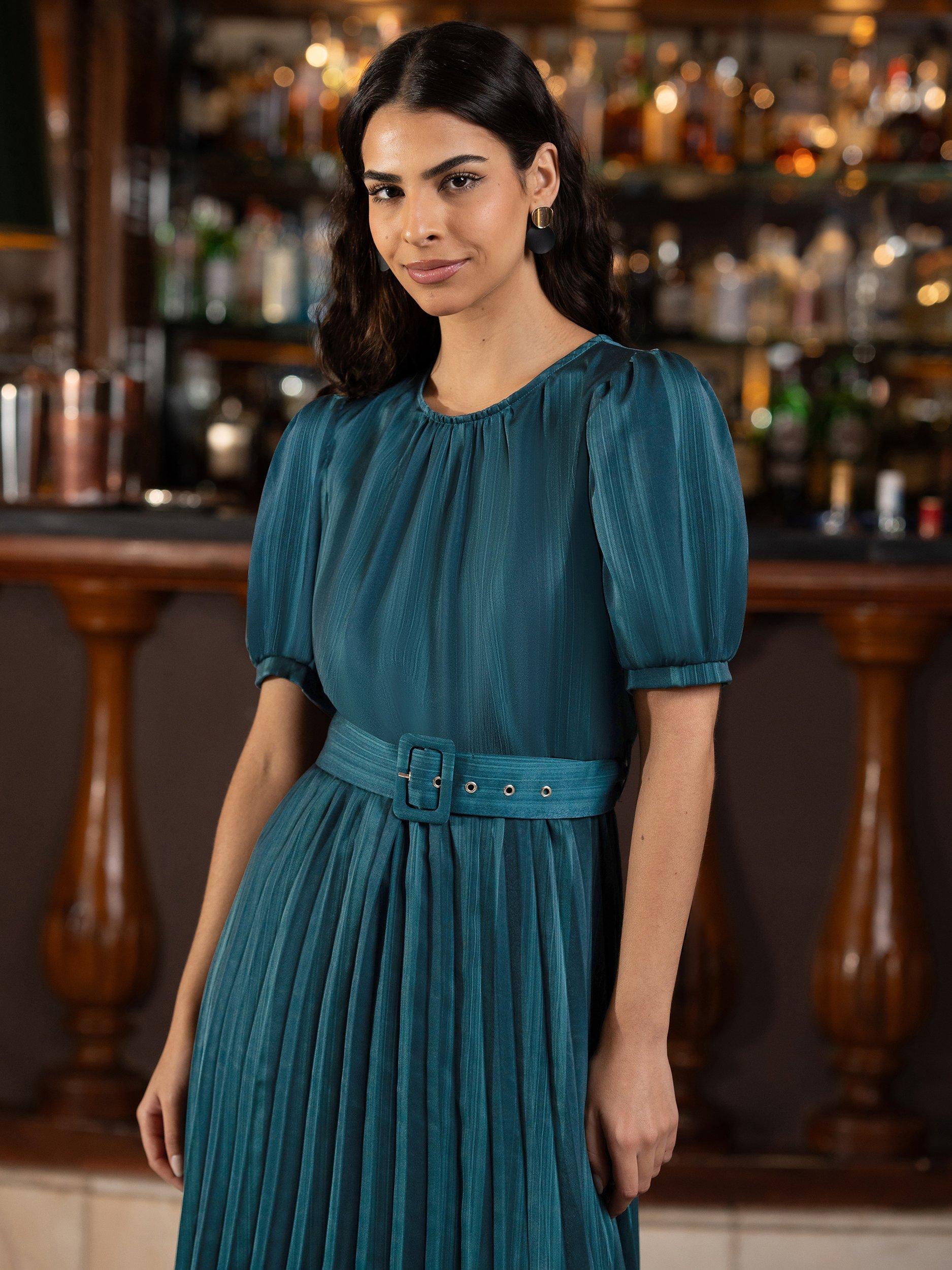 Yumi Satin Stripe Midi Dress, Green, 8