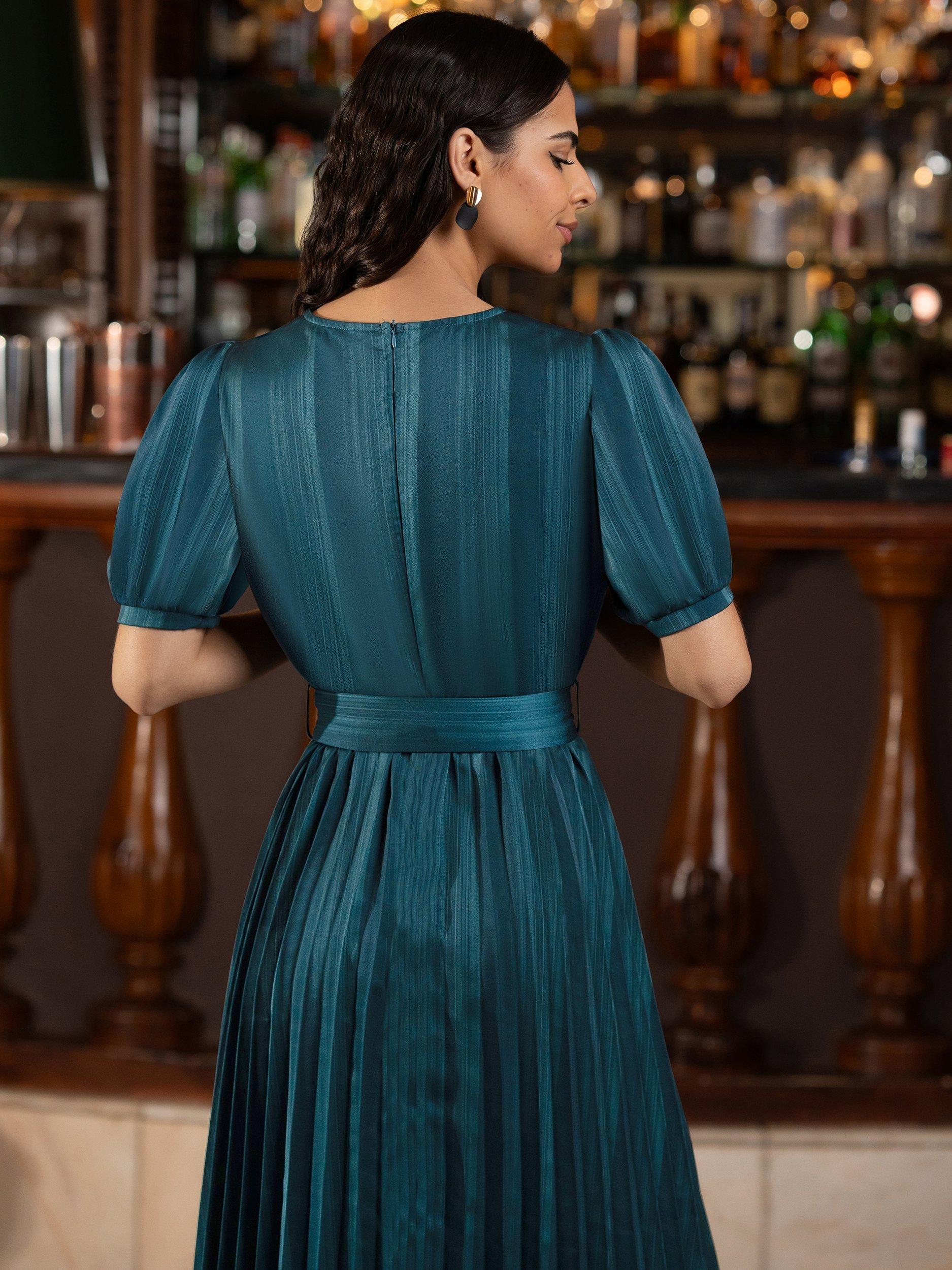 Yumi Satin Stripe Midi Dress, Green, 8