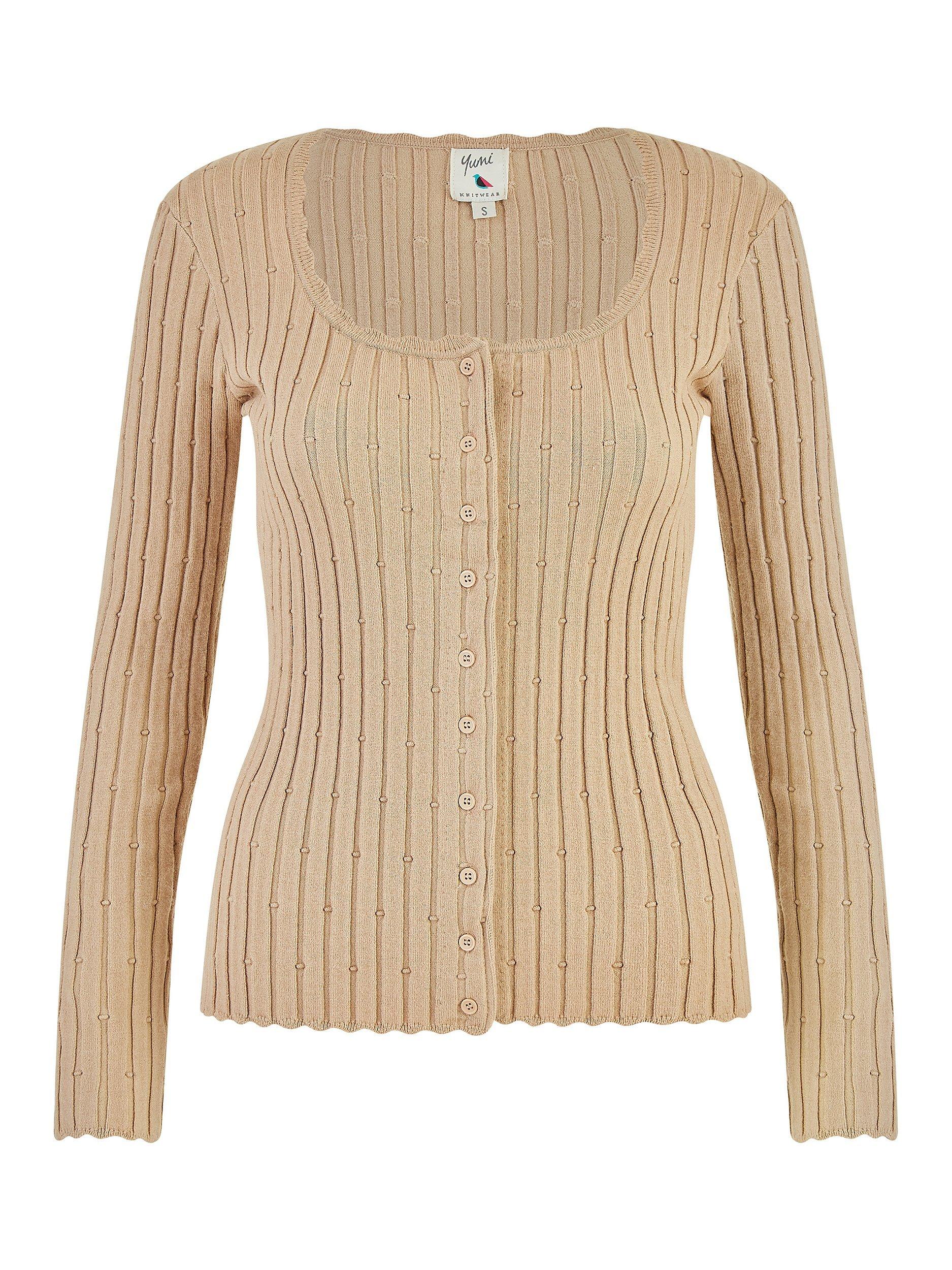 Product image 6 of 6, which shows Yumi Ribbed Slim Fit Cardigan, Oatmeal, S