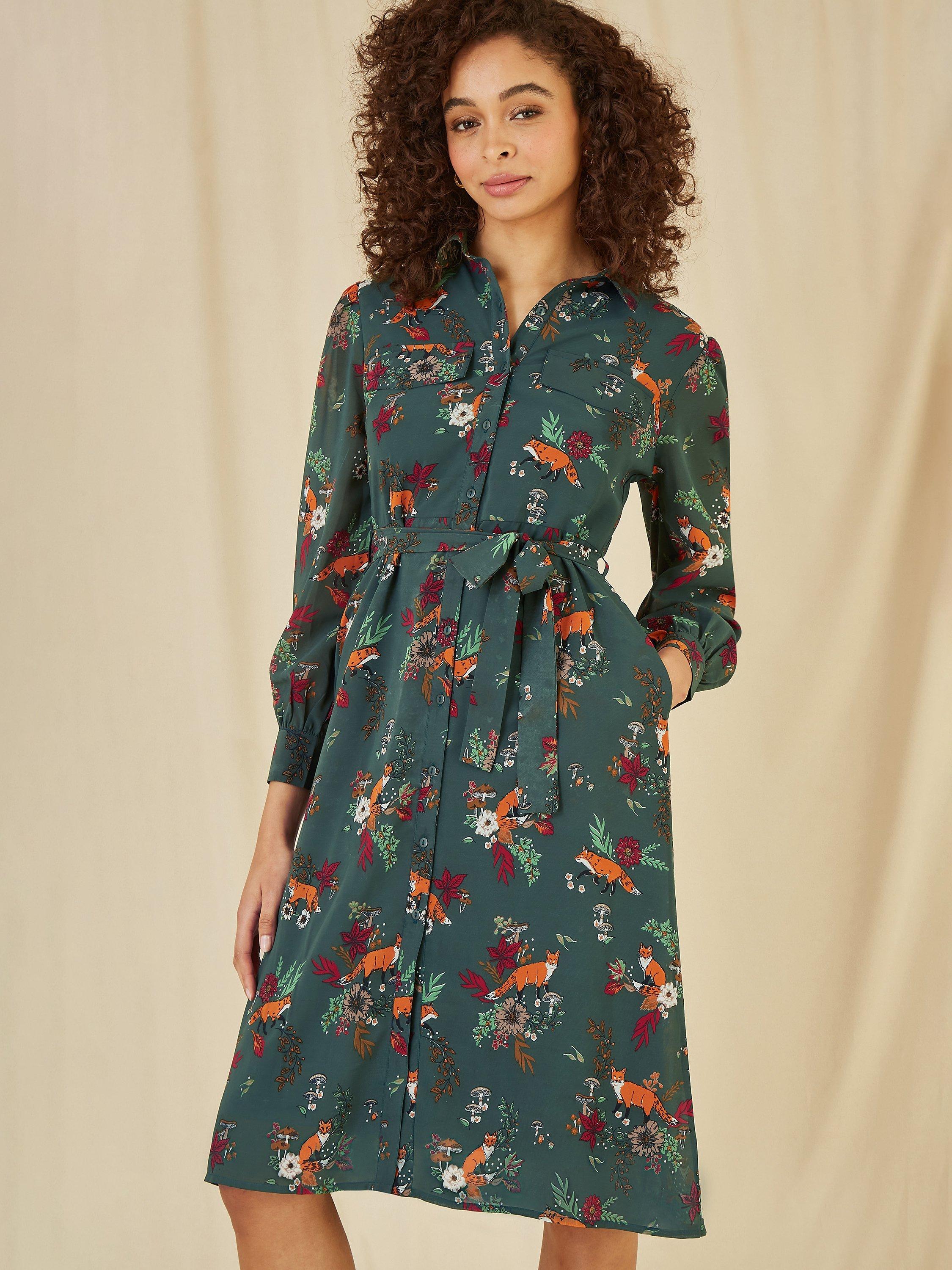 Product image 2 of 4, which shows Yumi Fox Print Shirt Dress, Green, 8