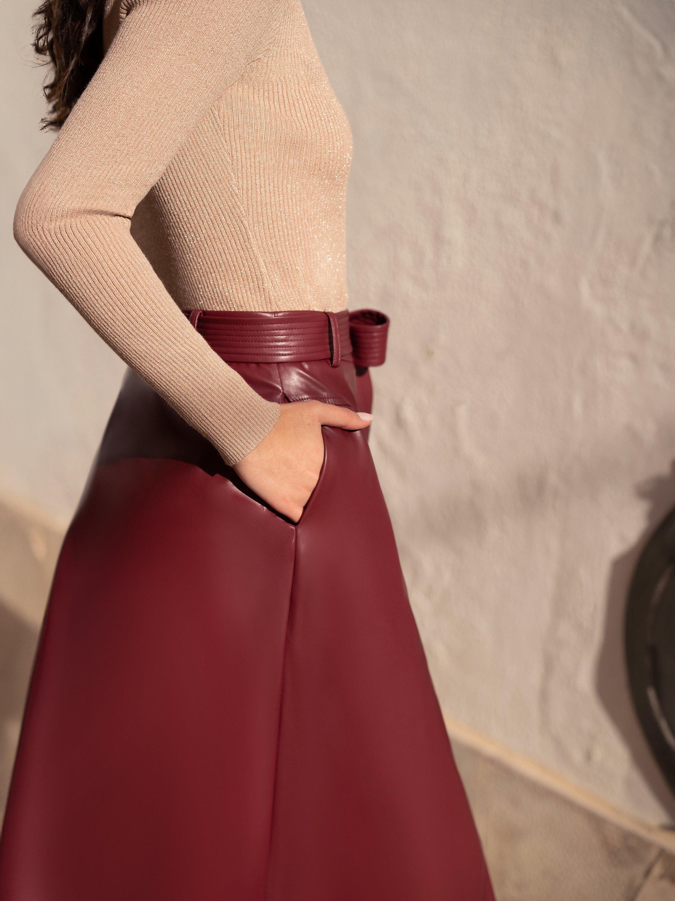Product image 4 of 6, which shows Yumi Button Up Faux Leather Skirt, Burgundy, 8