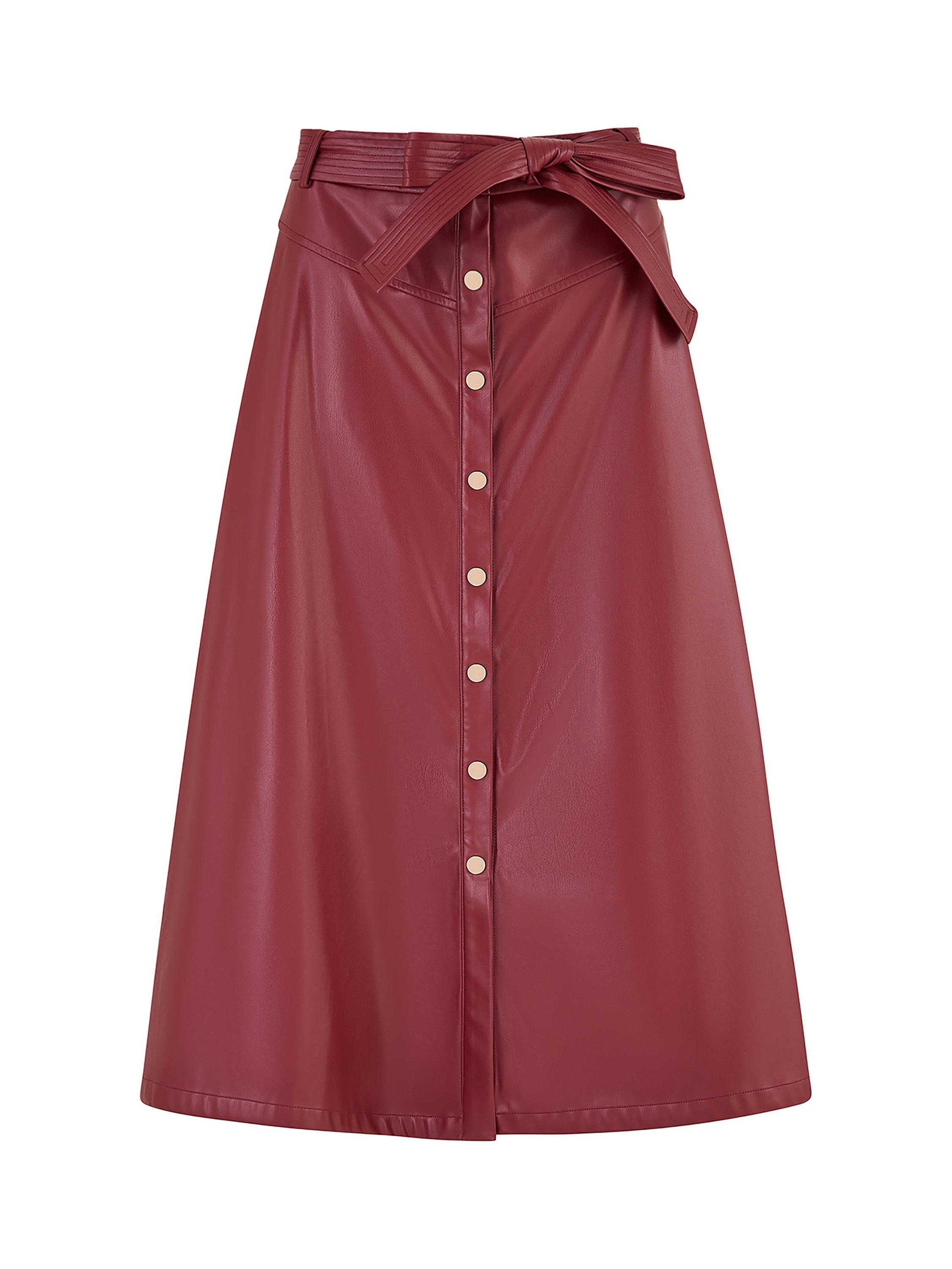 Product image 6 of 6, which shows Yumi Button Up Faux Leather Skirt, Burgundy, 8