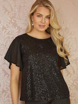 Yumi Sequin Sheer Sleeve Top, Black, Black