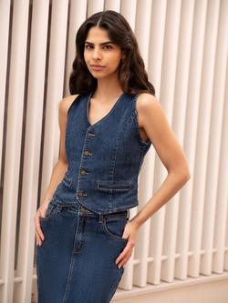 Yumi Denim Stretch Waistcoat, Blue, Blue