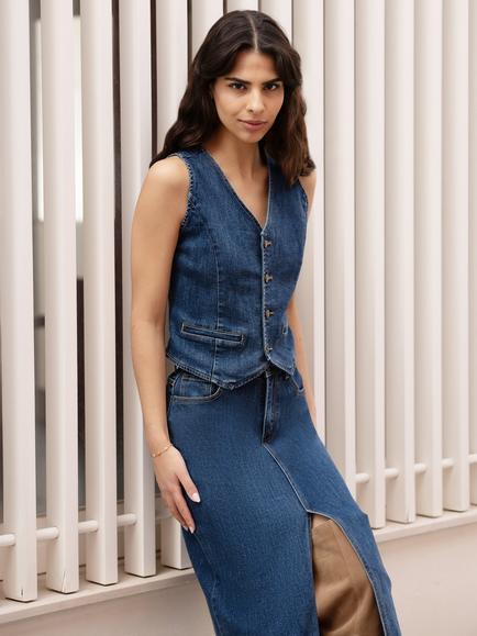 Yumi Denim Stretch Waistcoat, Blue - view 2, Blue